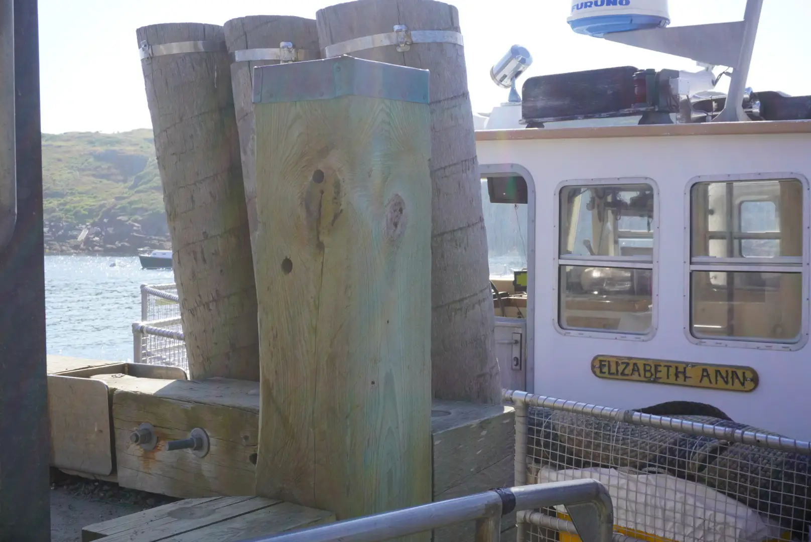 The exterior of the Elizabeth Ann ferry docked at a pier.
