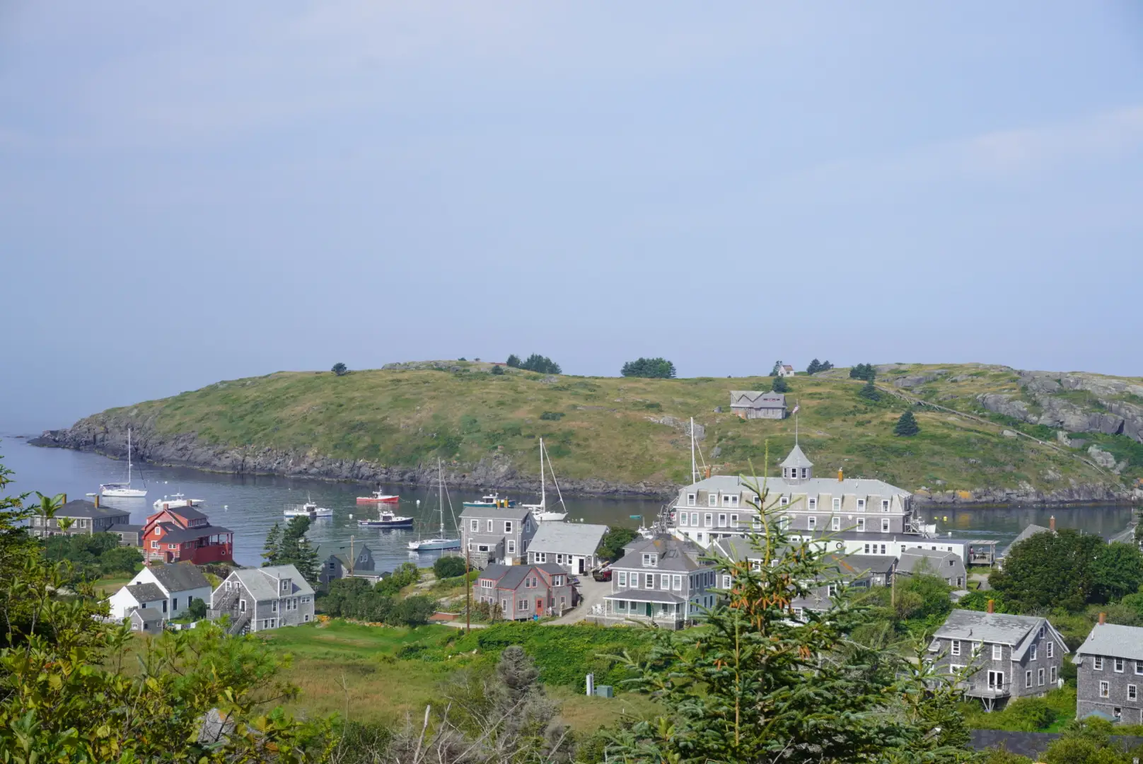Historic houses and buildings on a coastal island in Maine.