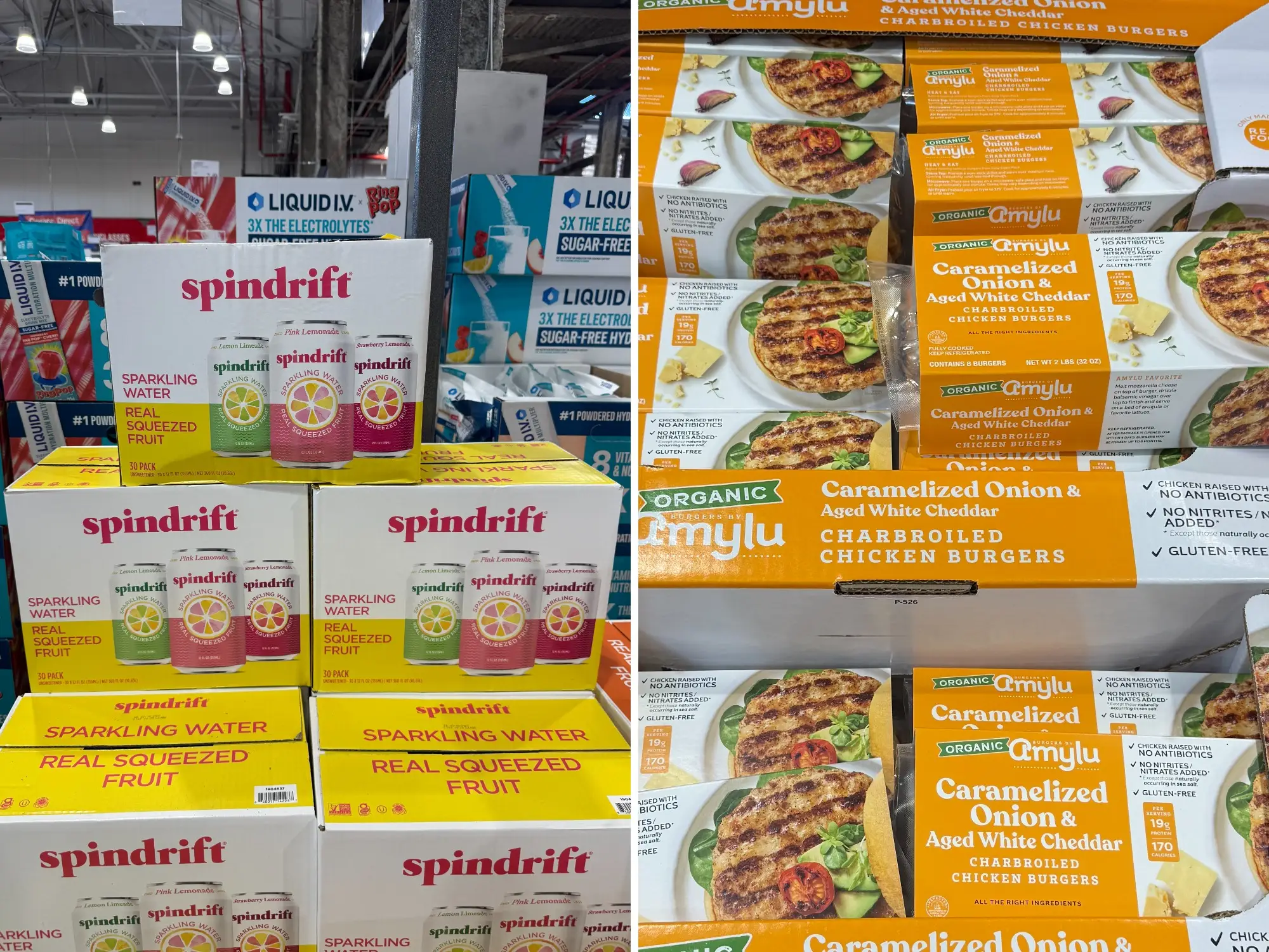 A side-by-side image of several boxes of Spindrift sparkling water and multiple containers of Amylu organic chicken burgers with caramelized onion and aged white cheddar.