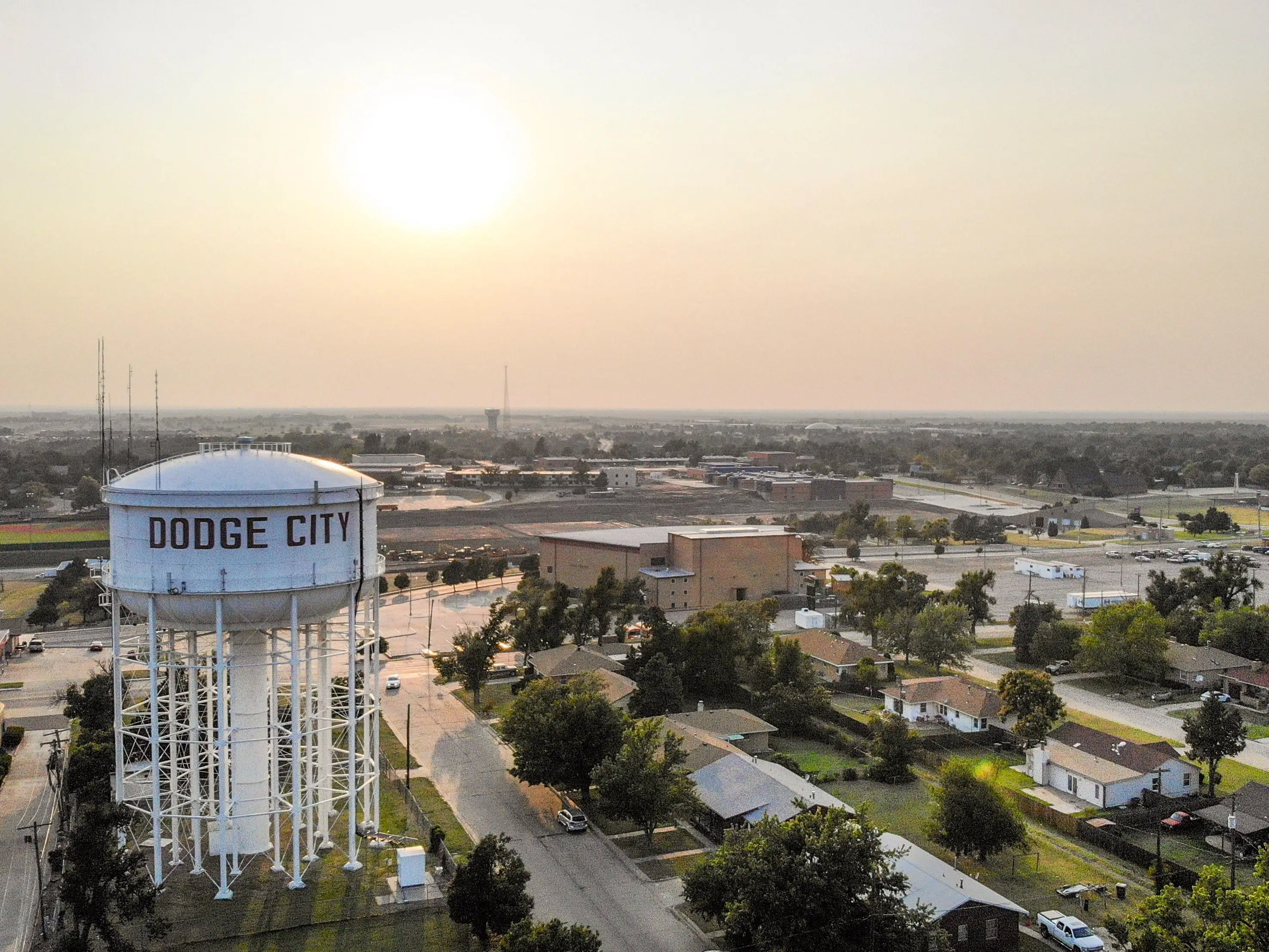 Dodge City - Kansas August 6, 2018: Water tower in downtown afternoon dodge city Kansas.