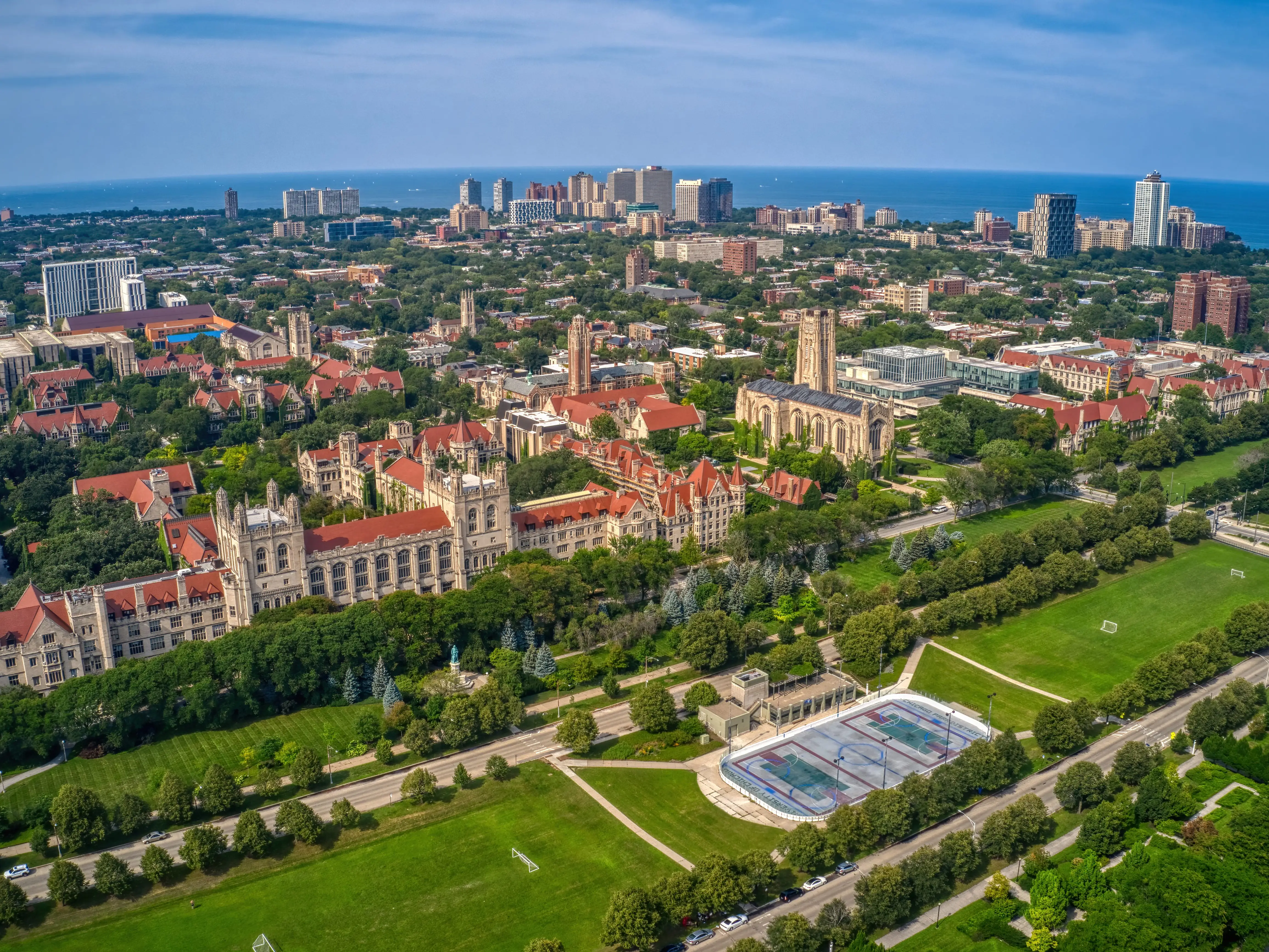 Aerial View of a large University in the Chicago Neighborhood of Hyde Park