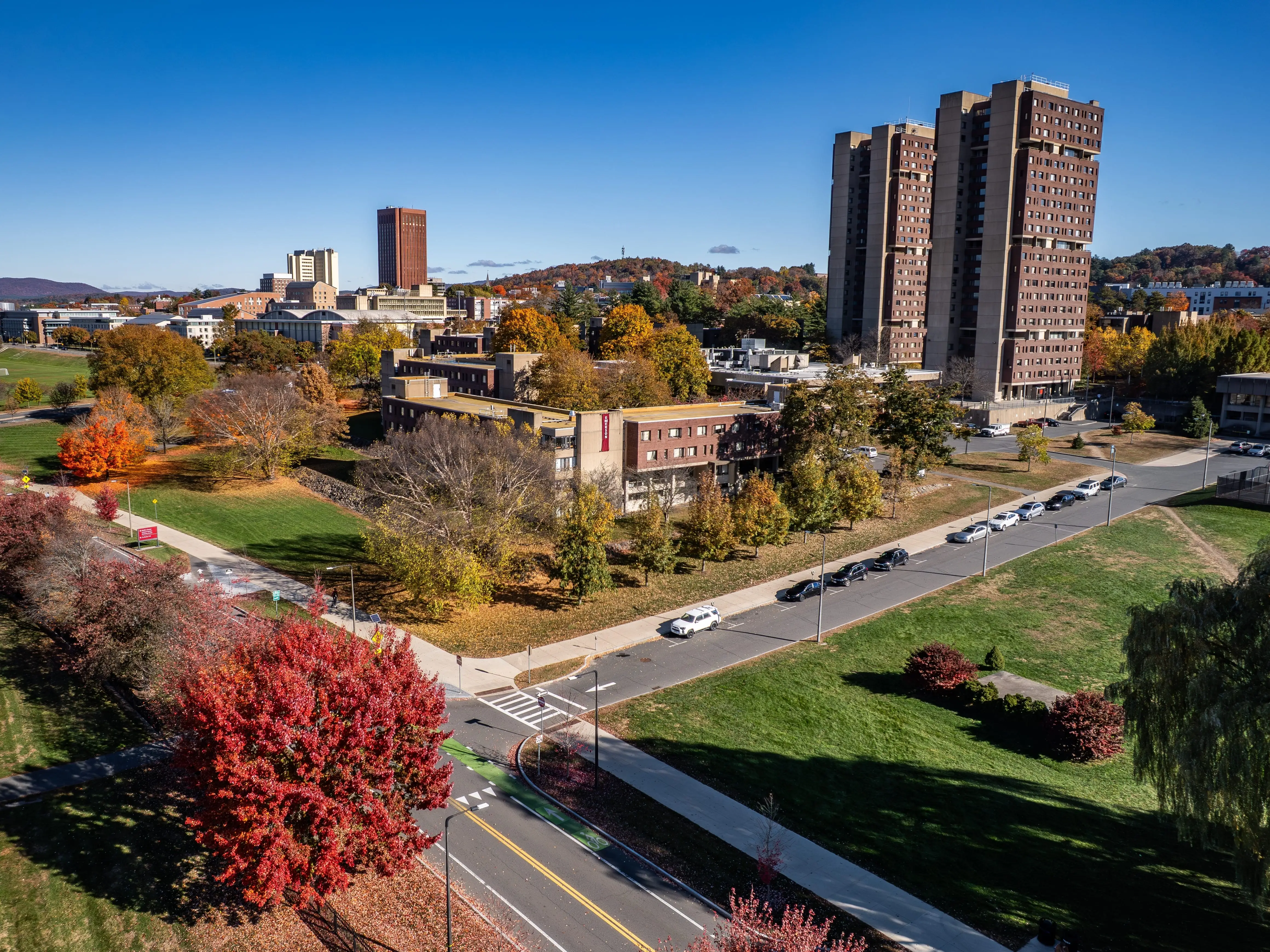 Aerial view of University of Massachusetts Amherst on a beautiful fall day
