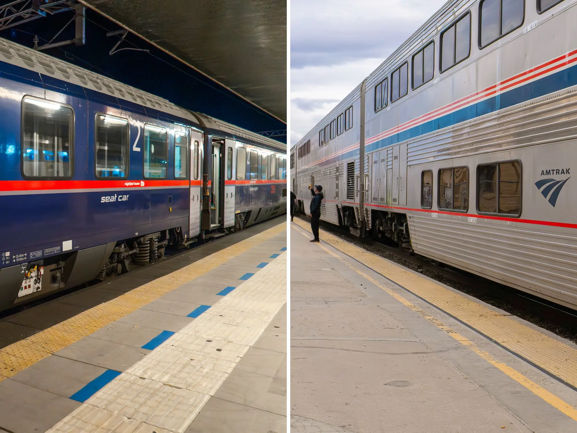 A composite image of trains stopped at outdoor platforms: a Nightjet at night on the left and an Amtrak during the day on the right
