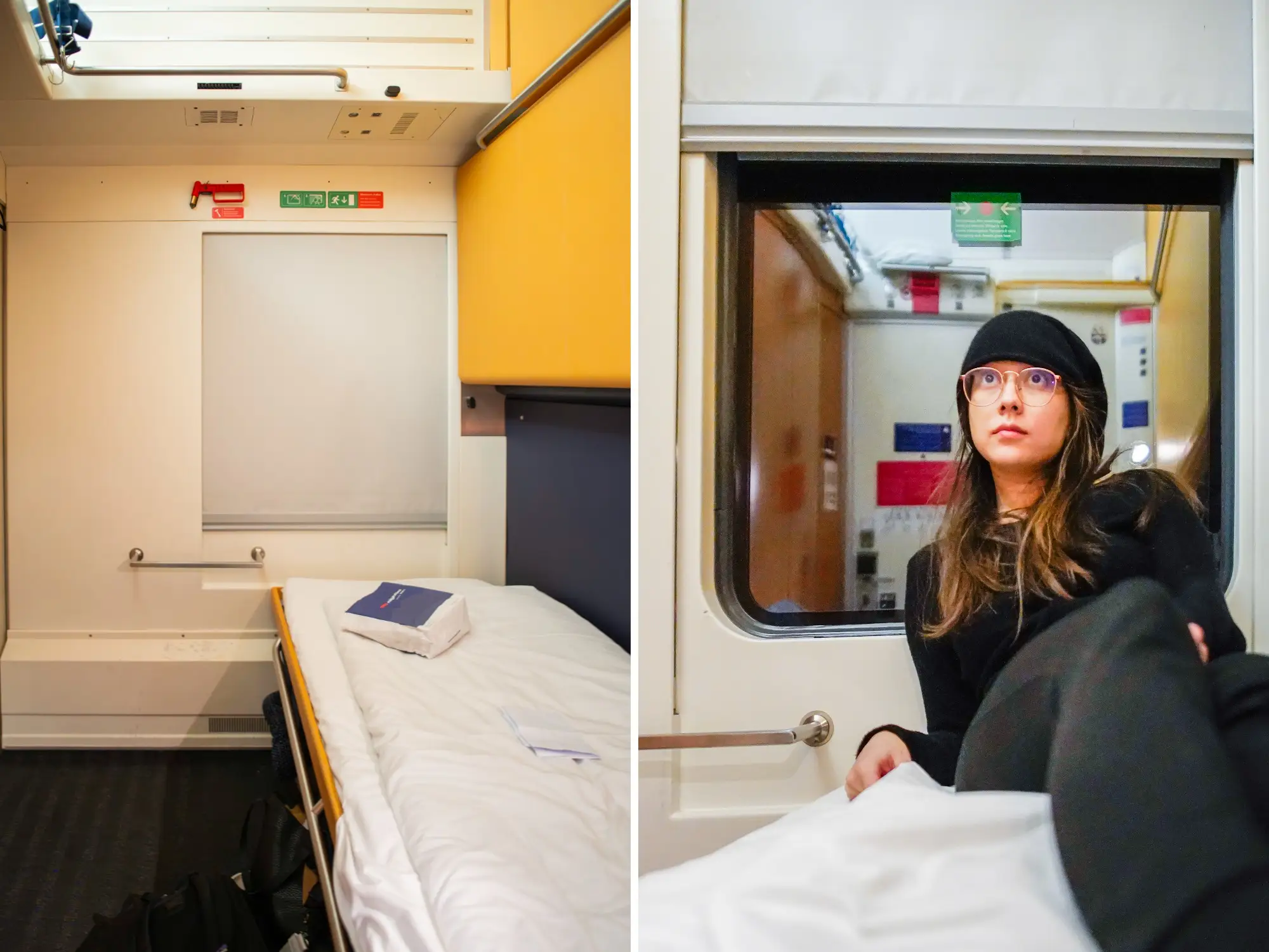 A composite image of the inside of a Nightjet train cabin with a bunk on the right and the author sitting in the bunk