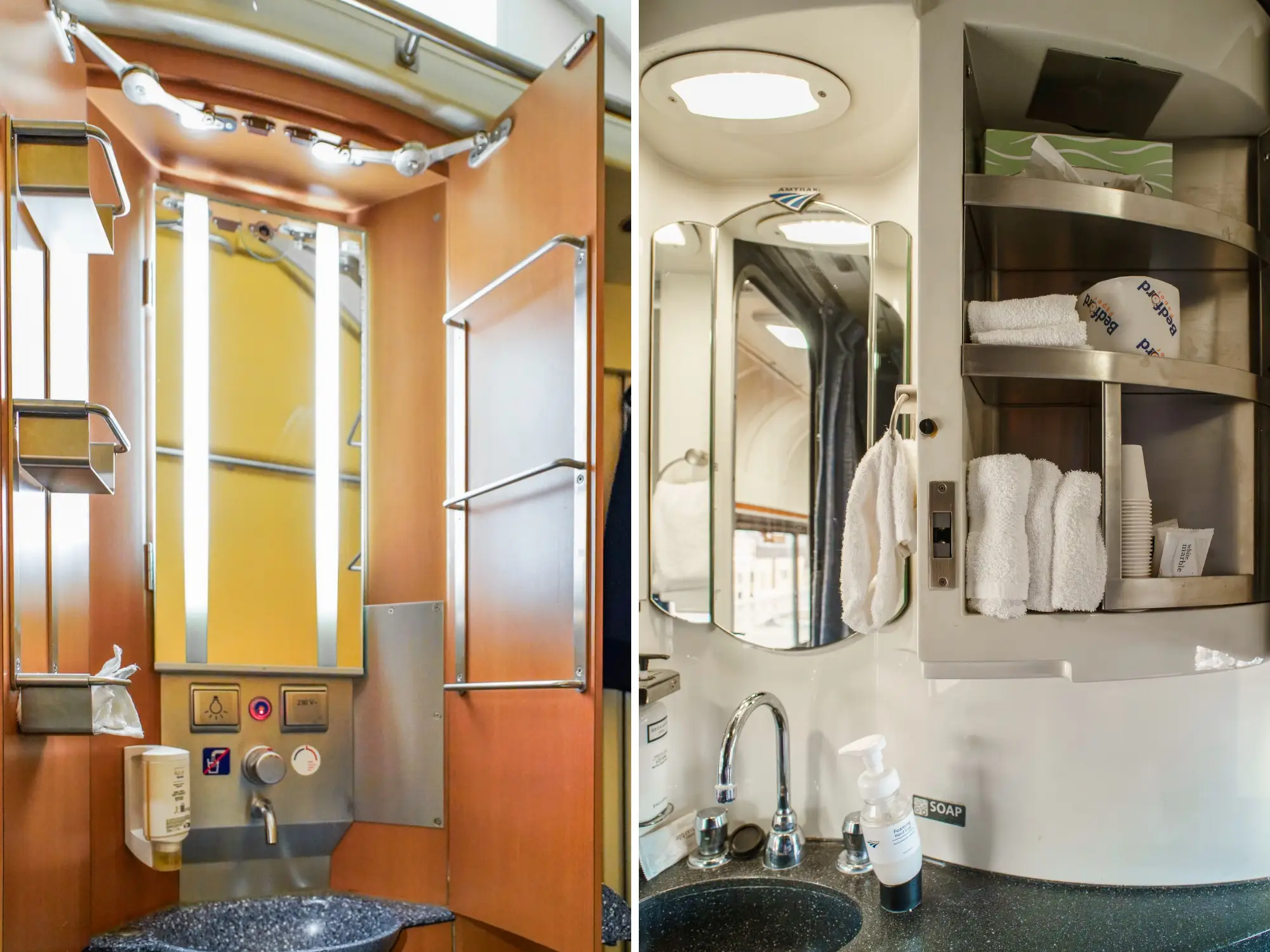 A composite image of sinks and vanities inside Nightjet (left) and Amtrak (right) sleeper cabins