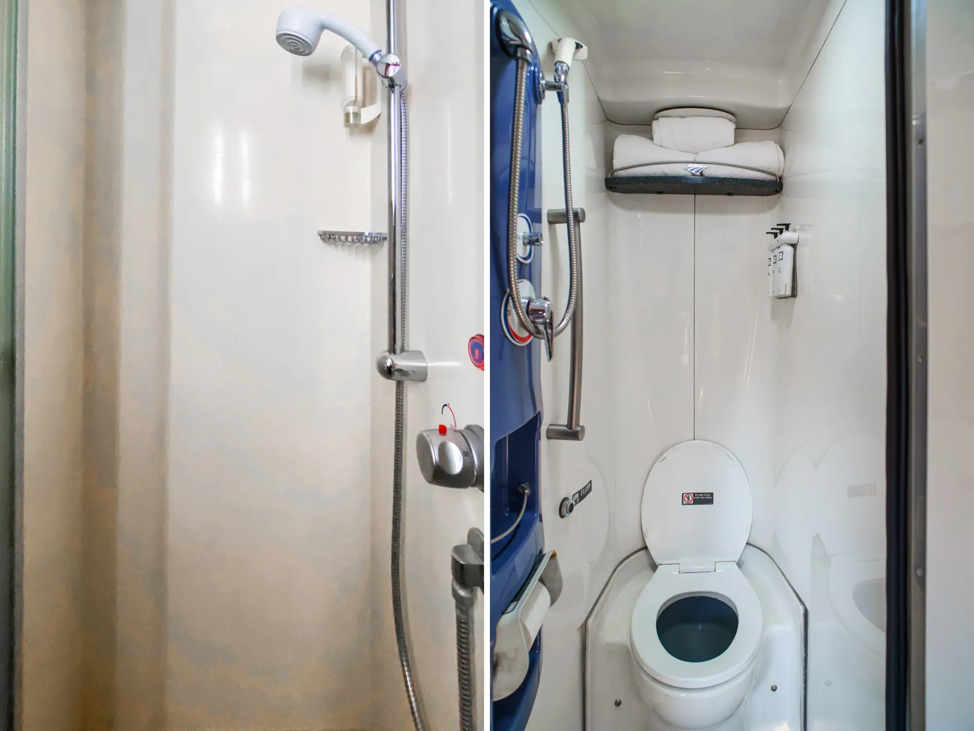 A composite image showers inside Nightjet (left) and Amtrak (right) sleeper cabins