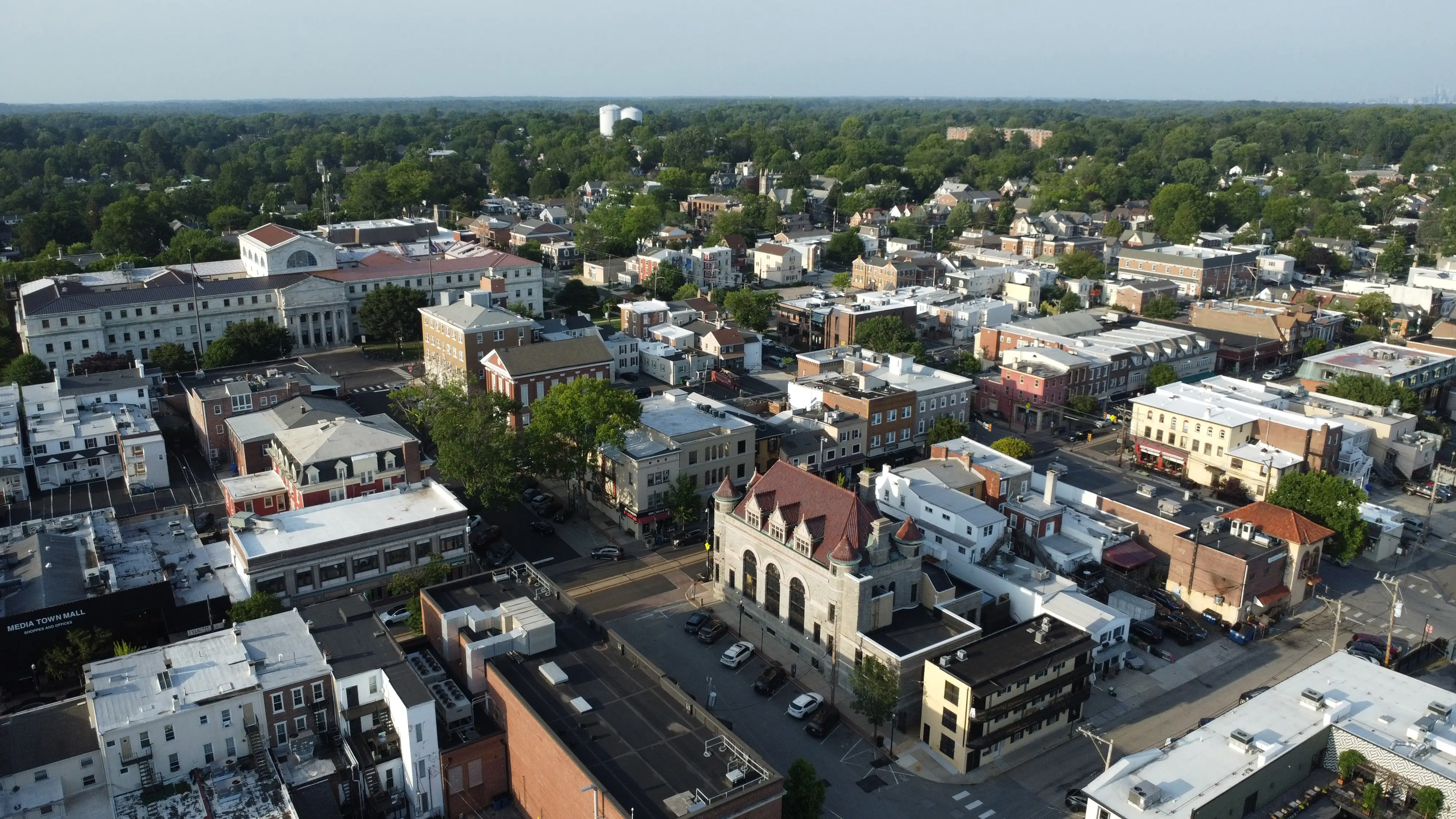 Media, Pennsylvania, USA - Jun 23, 2025: aerial view of Media, a suburb town near Philadelphia, Pennsylvania in summer