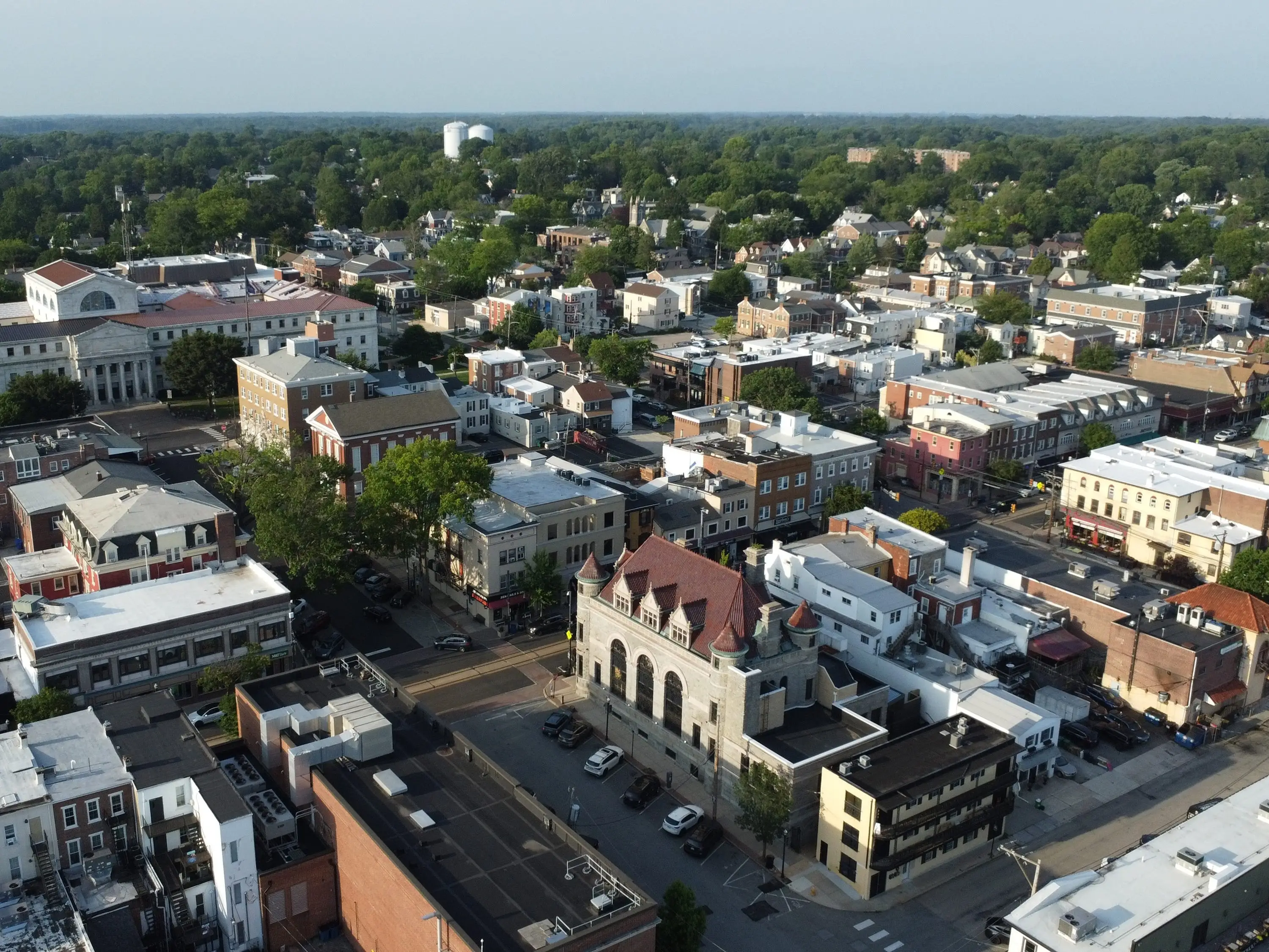 Media, Pennsylvania, USA - Jun 23, 2025: aerial view of Media, a suburb town near Philadelphia, Pennsylvania in summer