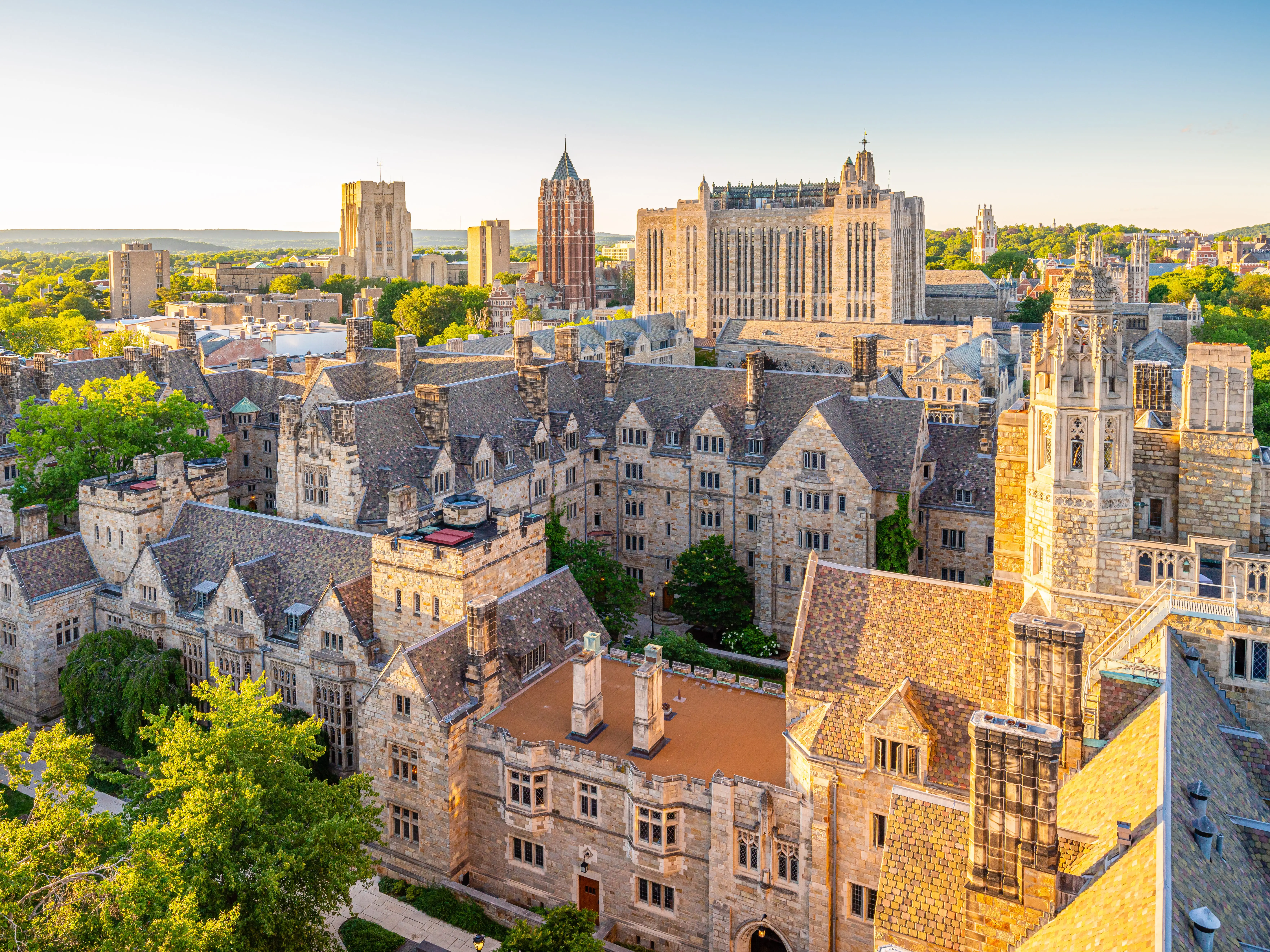 NEW HAVEN, CT, USA - JUNE 25, 2018: View of Yale University central campus from Harkness Tower on June 25, 2018. Yale University is a private Ivy League research university in New Haven, Connecticut.