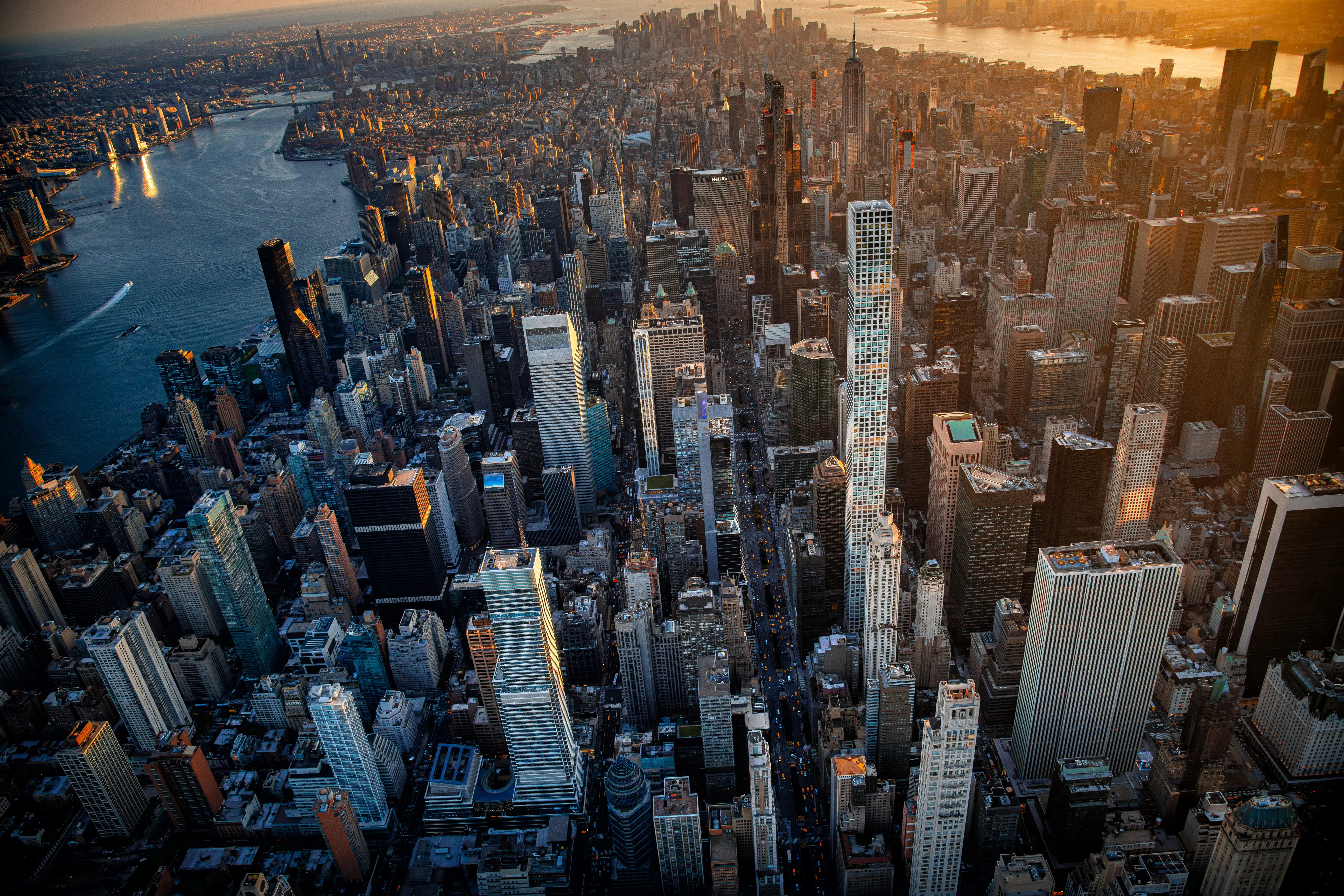 Aerial view of skyscrapers in Midtown Manhattan.