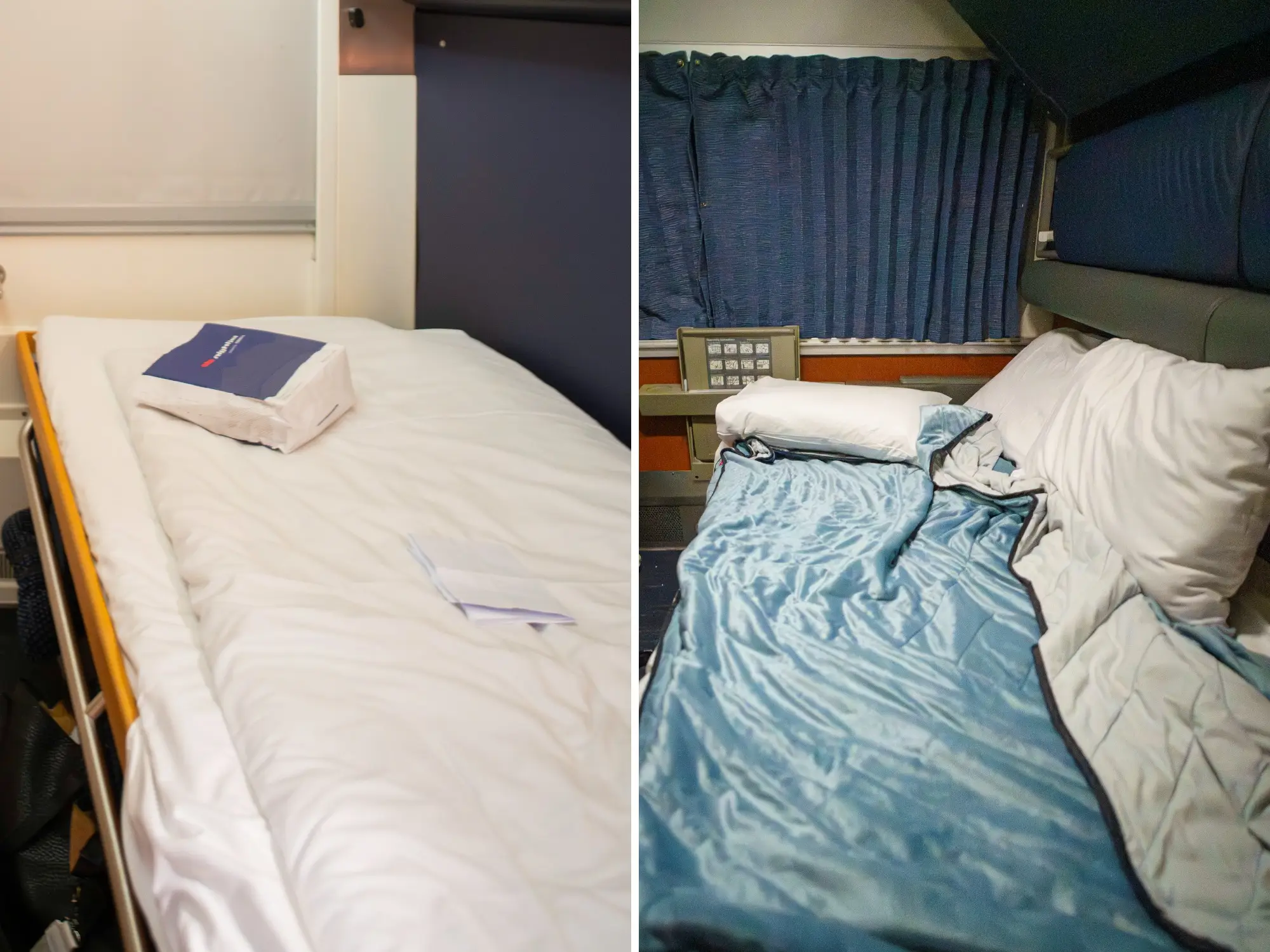 A composite image of lower bunks on Nightjet (left) and Amtrak (right) trains