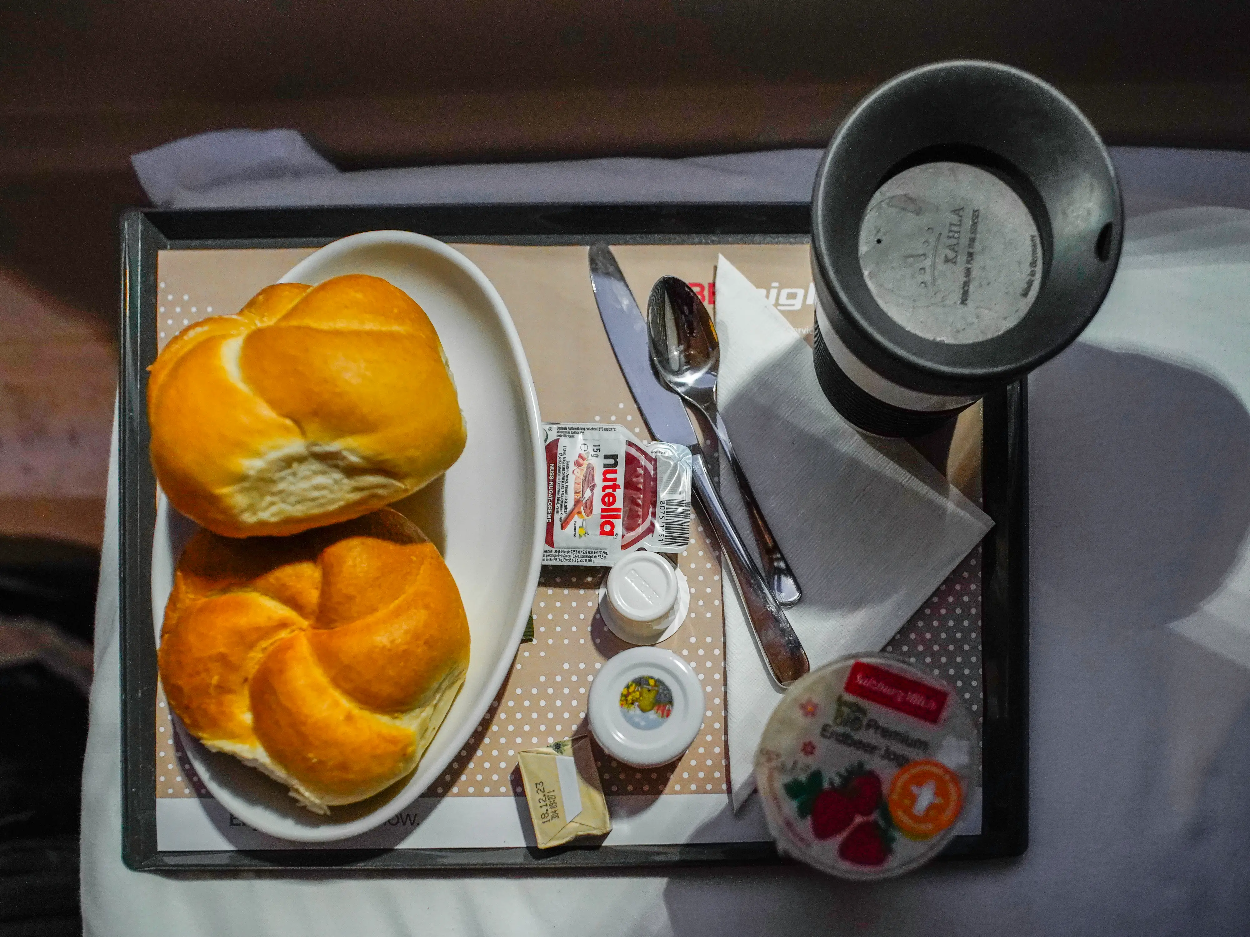 An aerial view of the author's breakfast on the Nightjet train