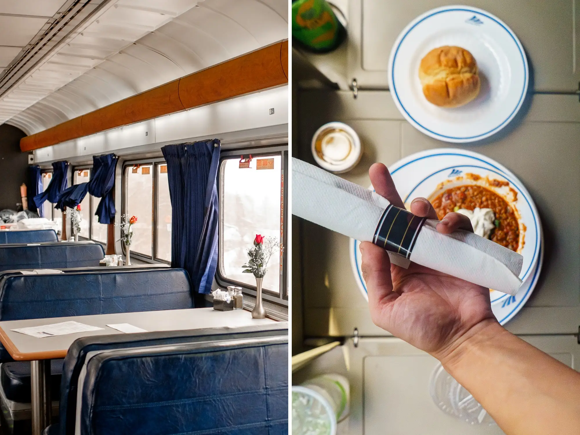 A composite image of an empty Amtrak dining car and a hand holding a set of cutlery above a meal