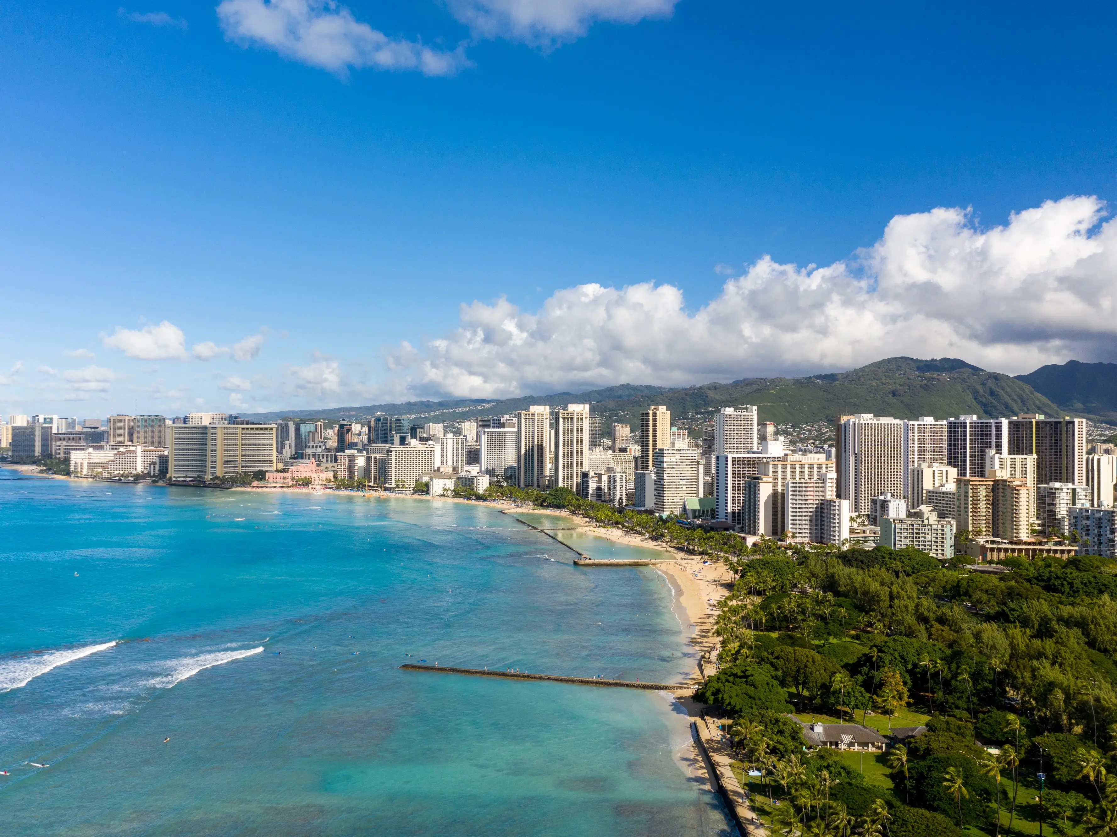Buildings on the water in Honolulu, Hawaii.