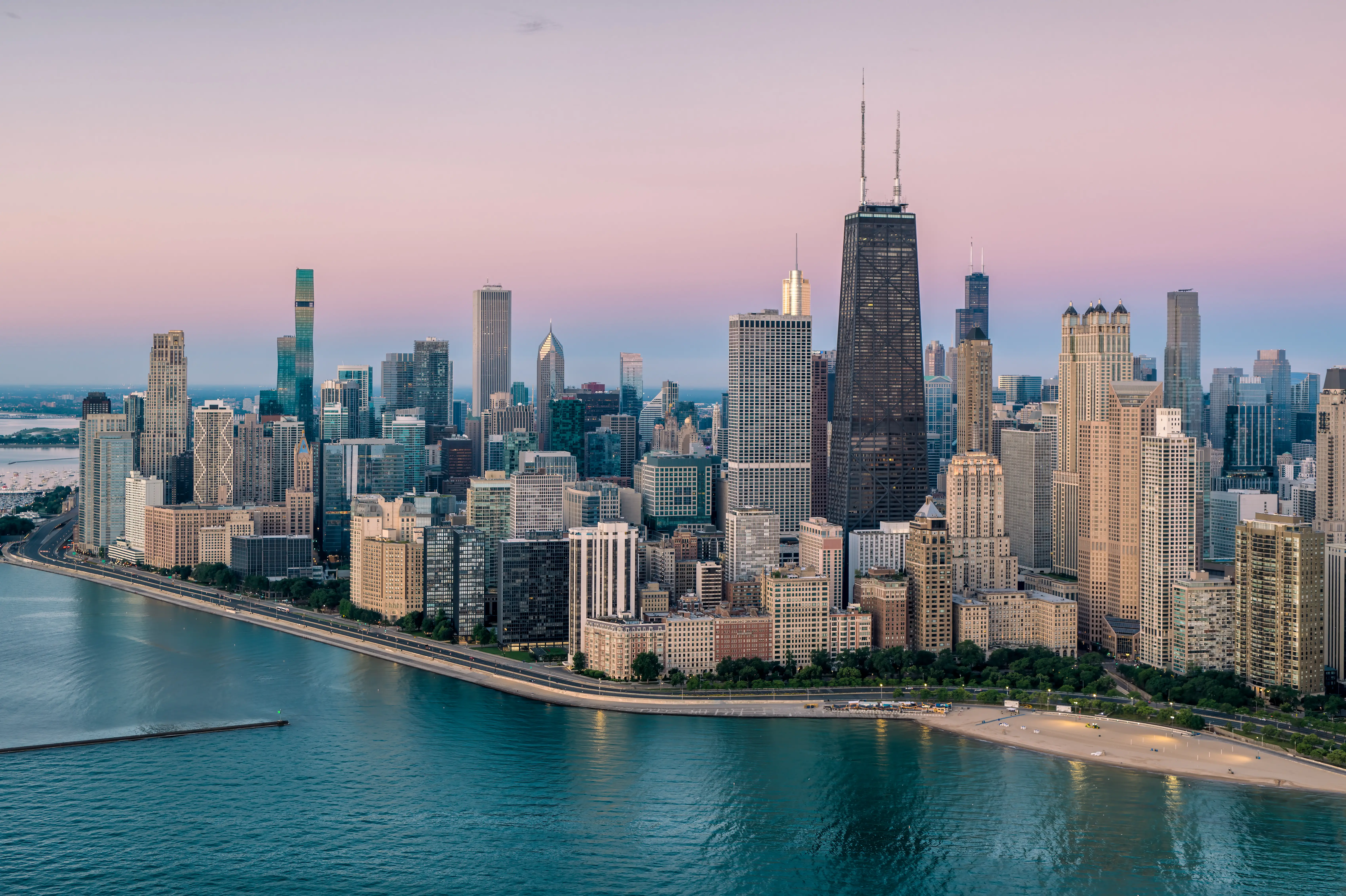 The Chicago skyline at golden hour.