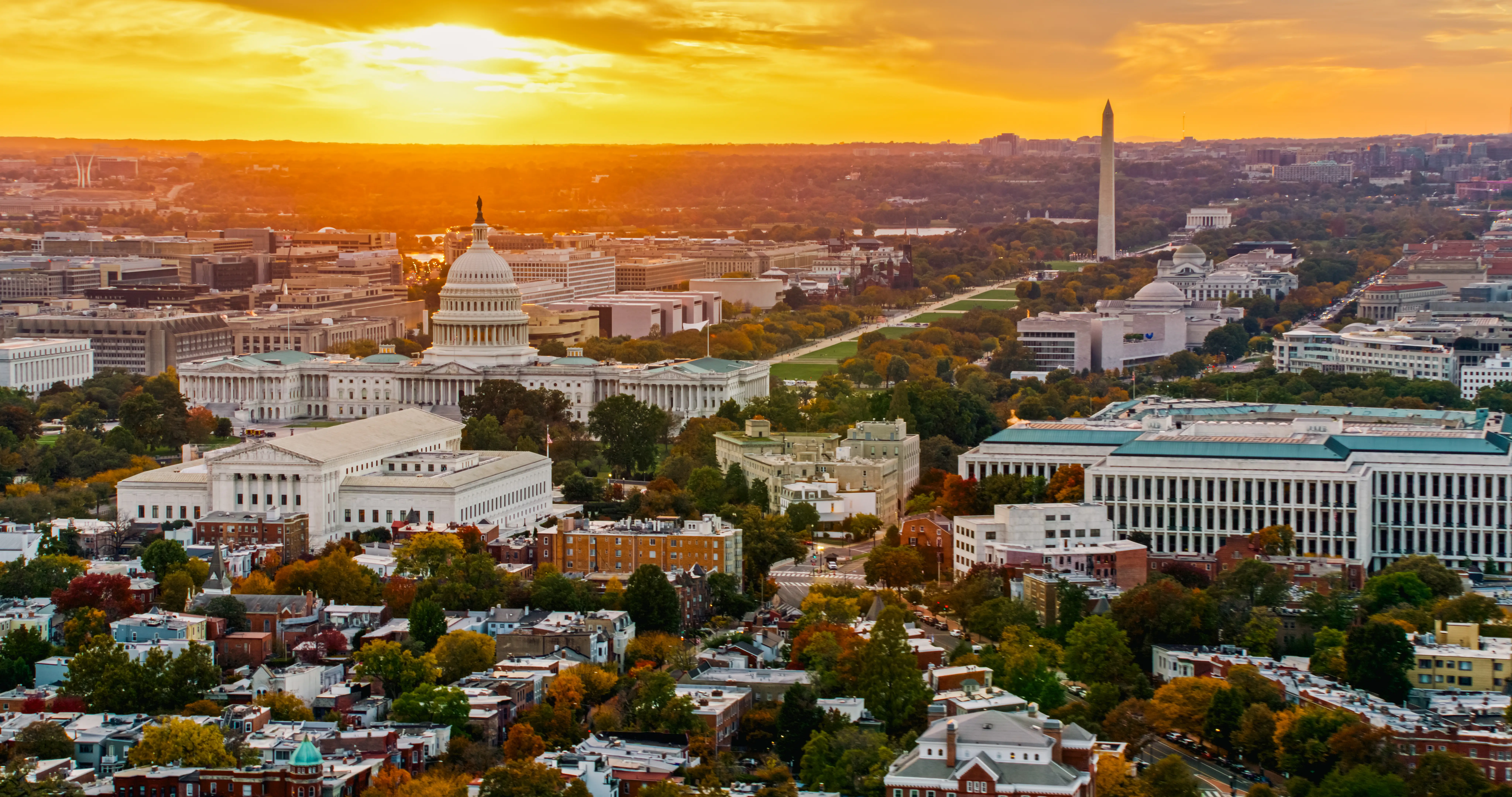 An aerial view of Capitol Hill in Washington, DC at sunset.