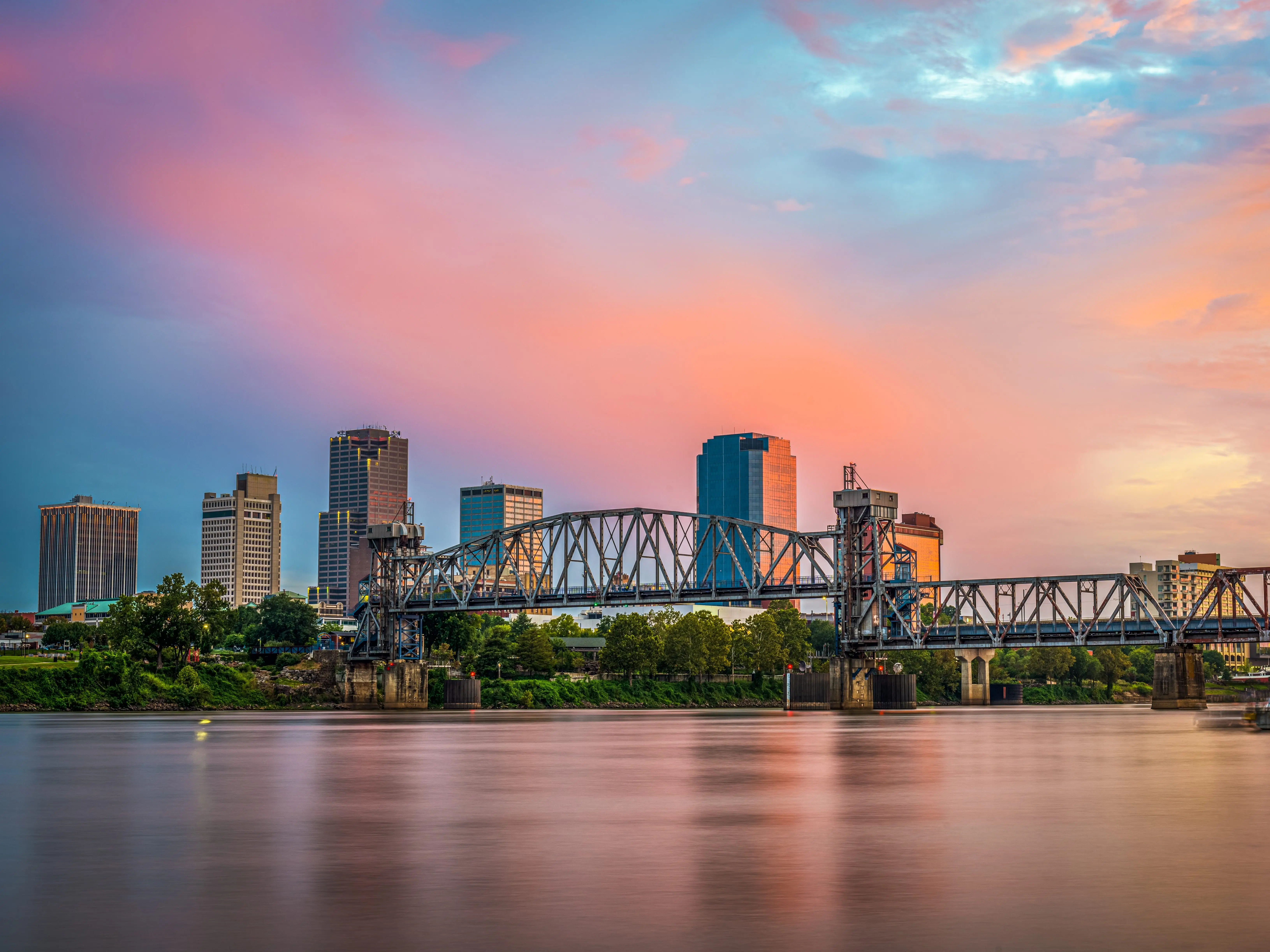 Bridge in front of buildings in Little Rock, Arkansas.