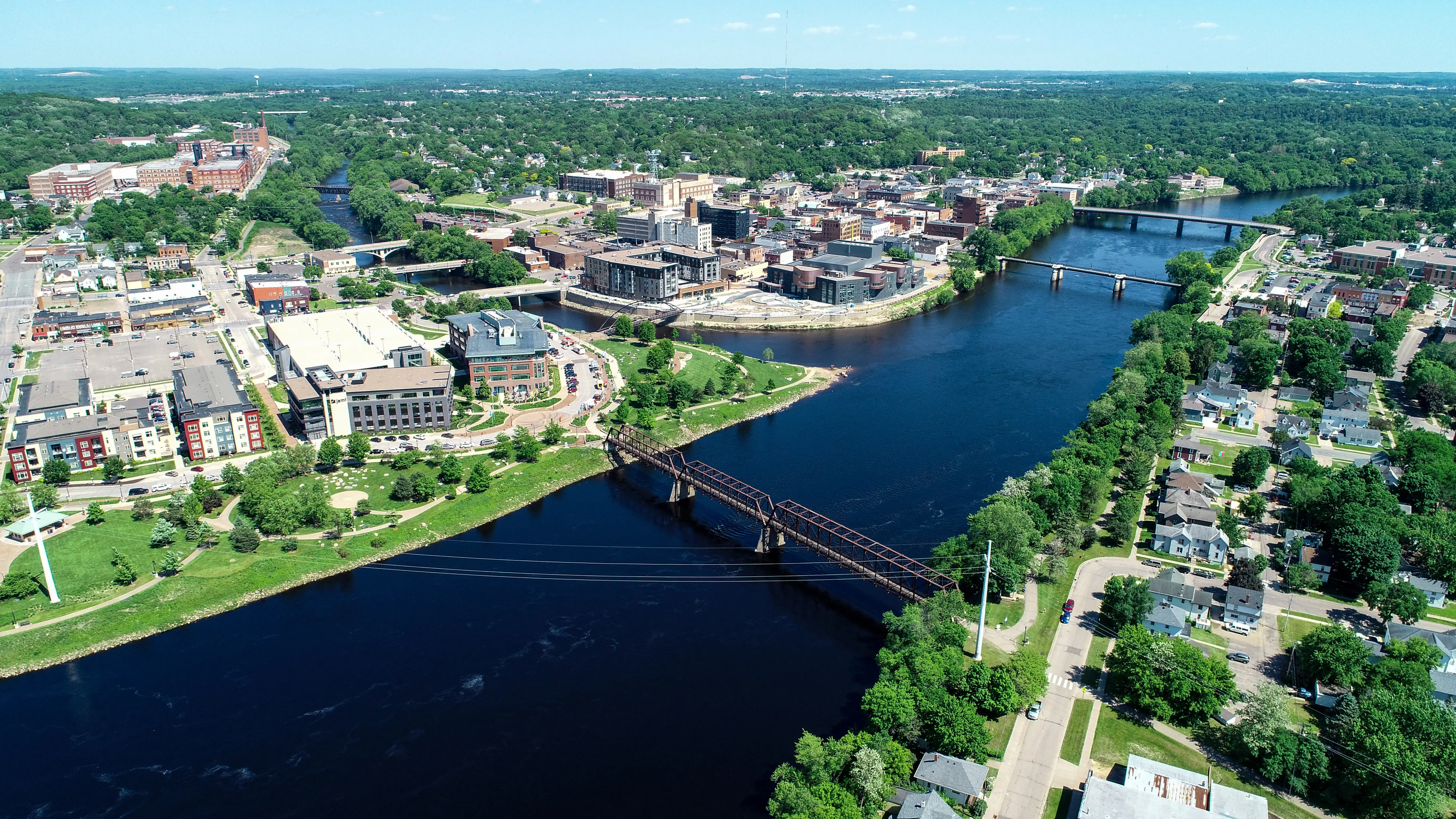 Bridges over a river in Eau Claire, Wisconsin.