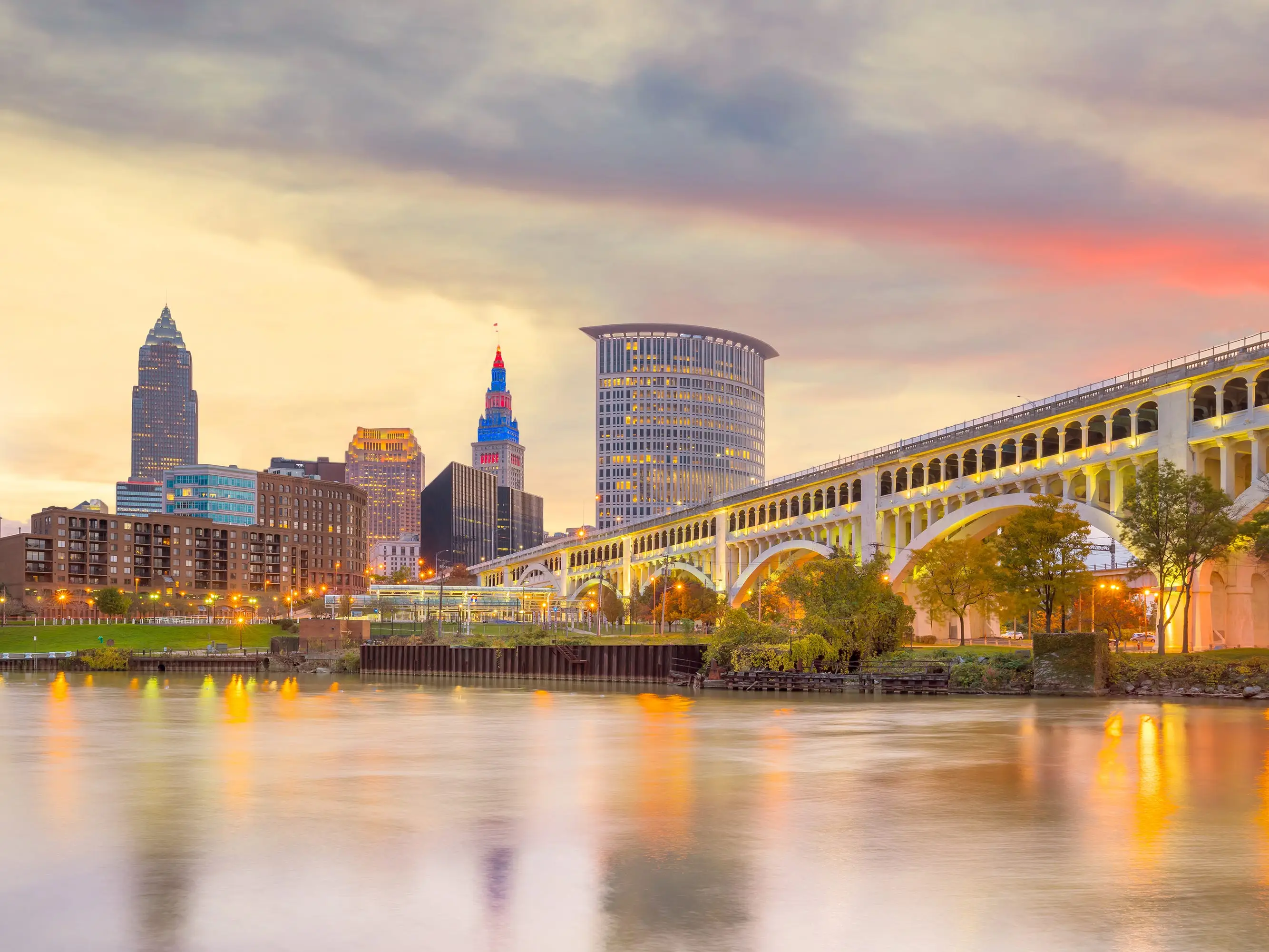 Bridge leading to buildings in Cleveland, Ohio.