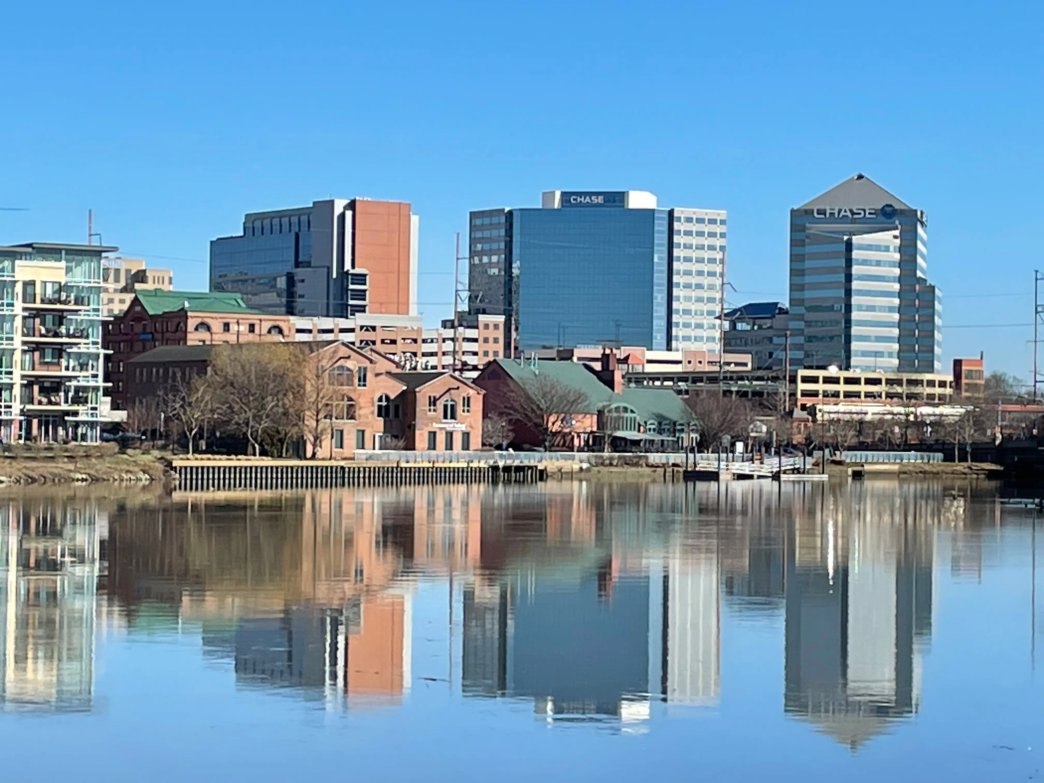 Buildings and their reflection in Wilmington, Delaware.