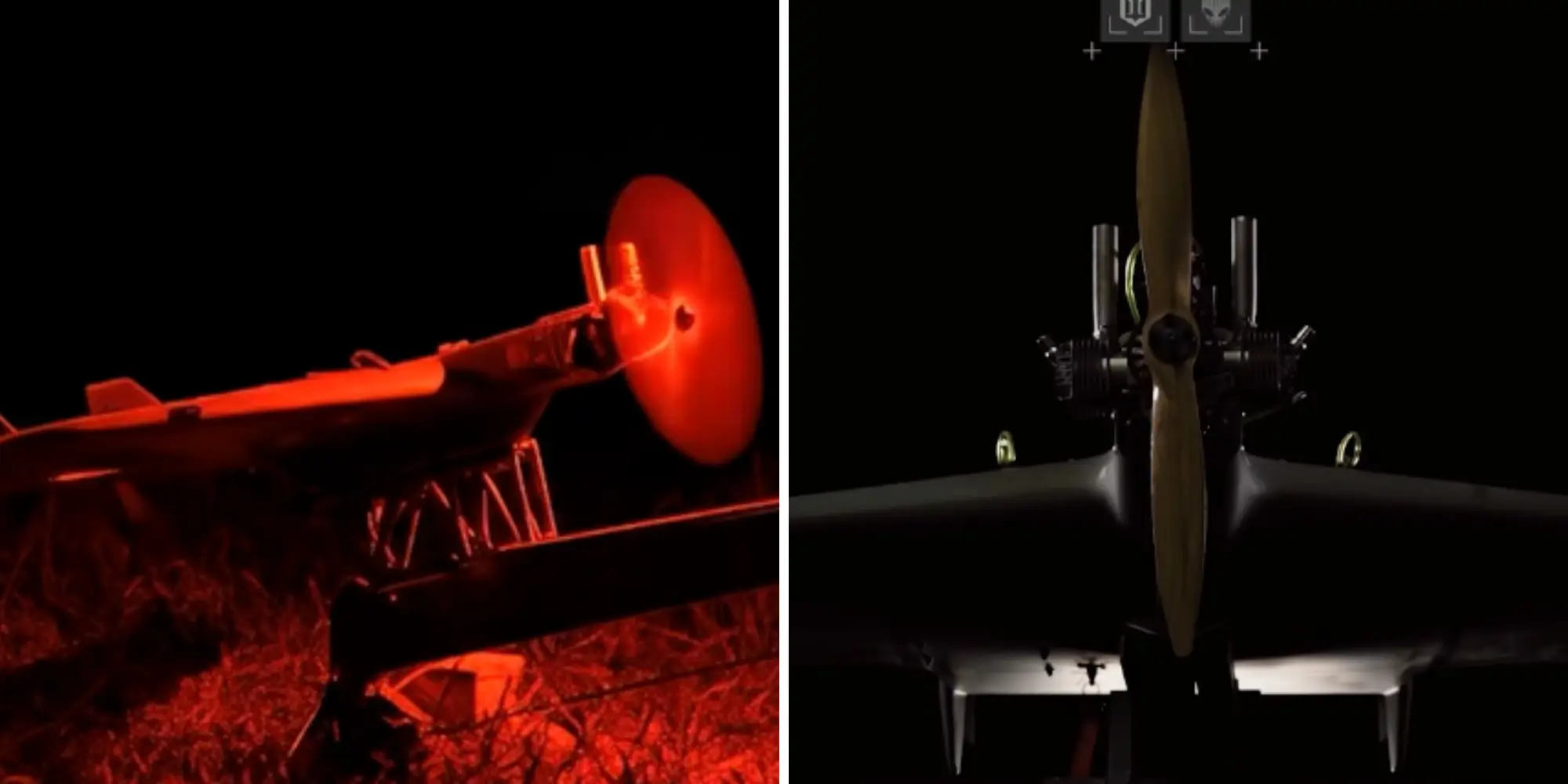 The Morrigan powers up before flight, and a close-up of its propeller engine.