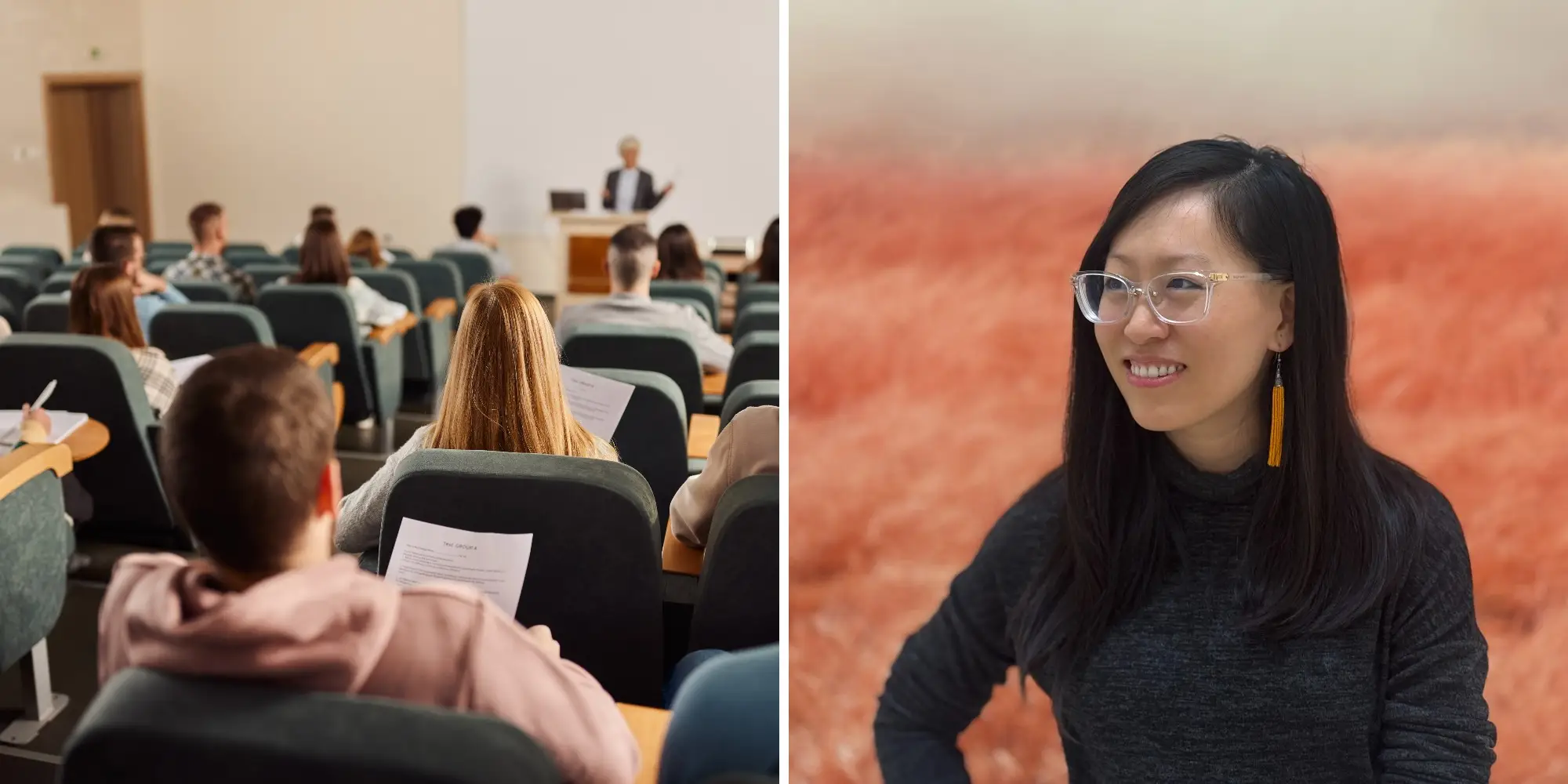 Left: A lecture hall full of students; Right: Jiaona Zhang.