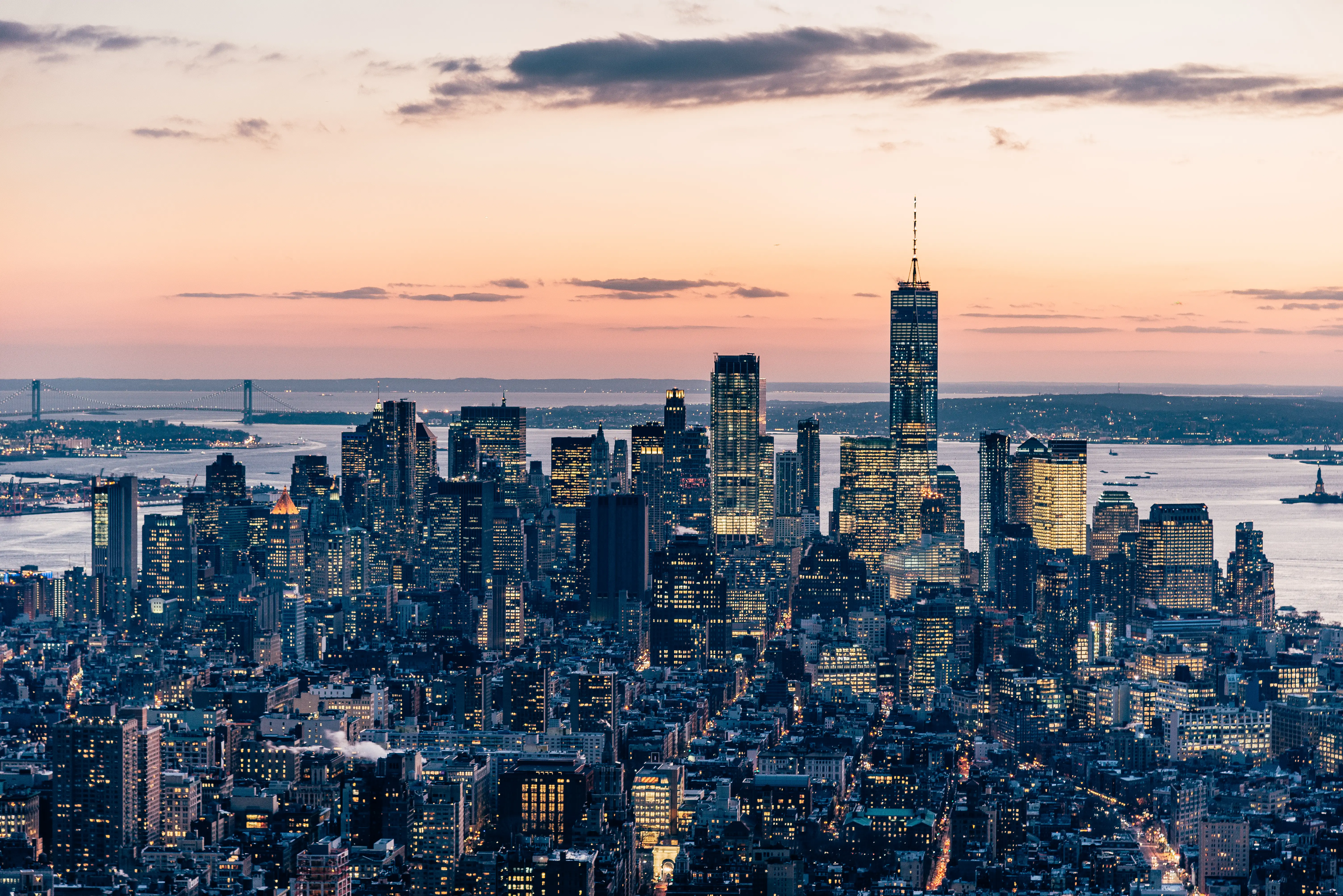 The downtown Manhattan skyline at Dusk.