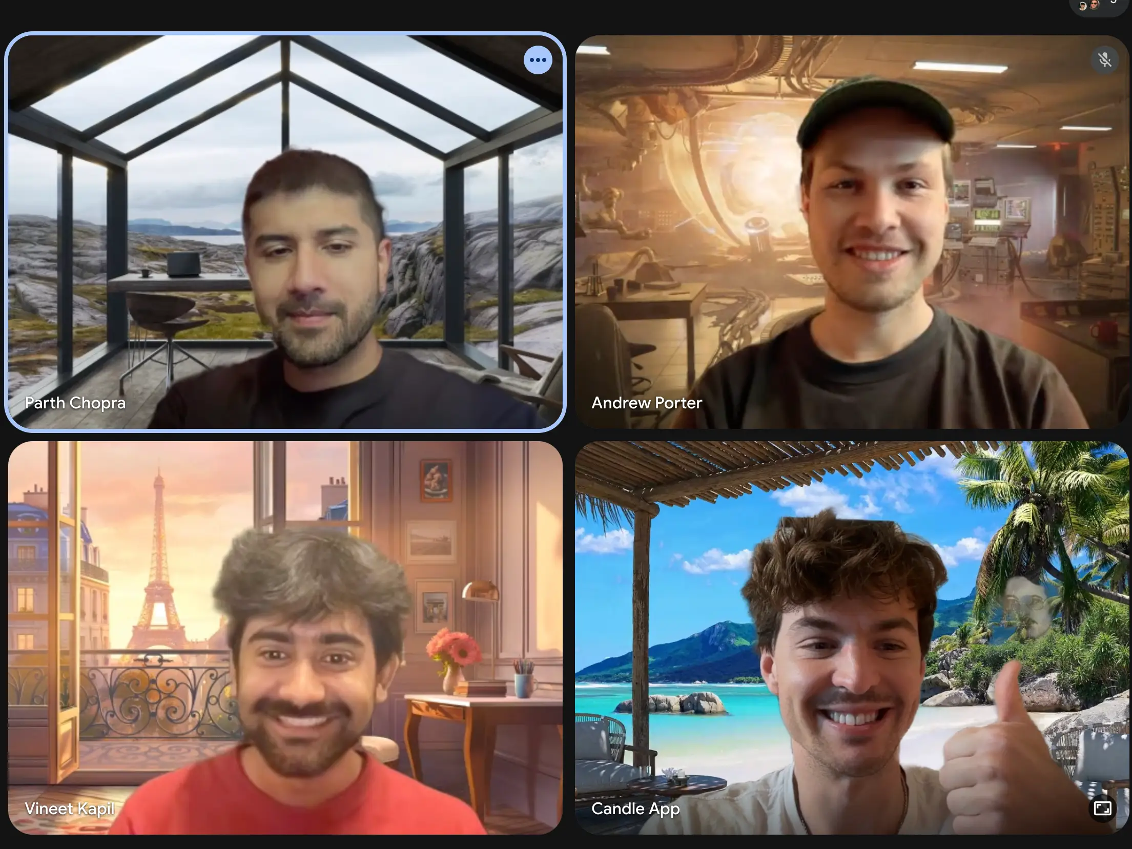 A video call with four smiling people