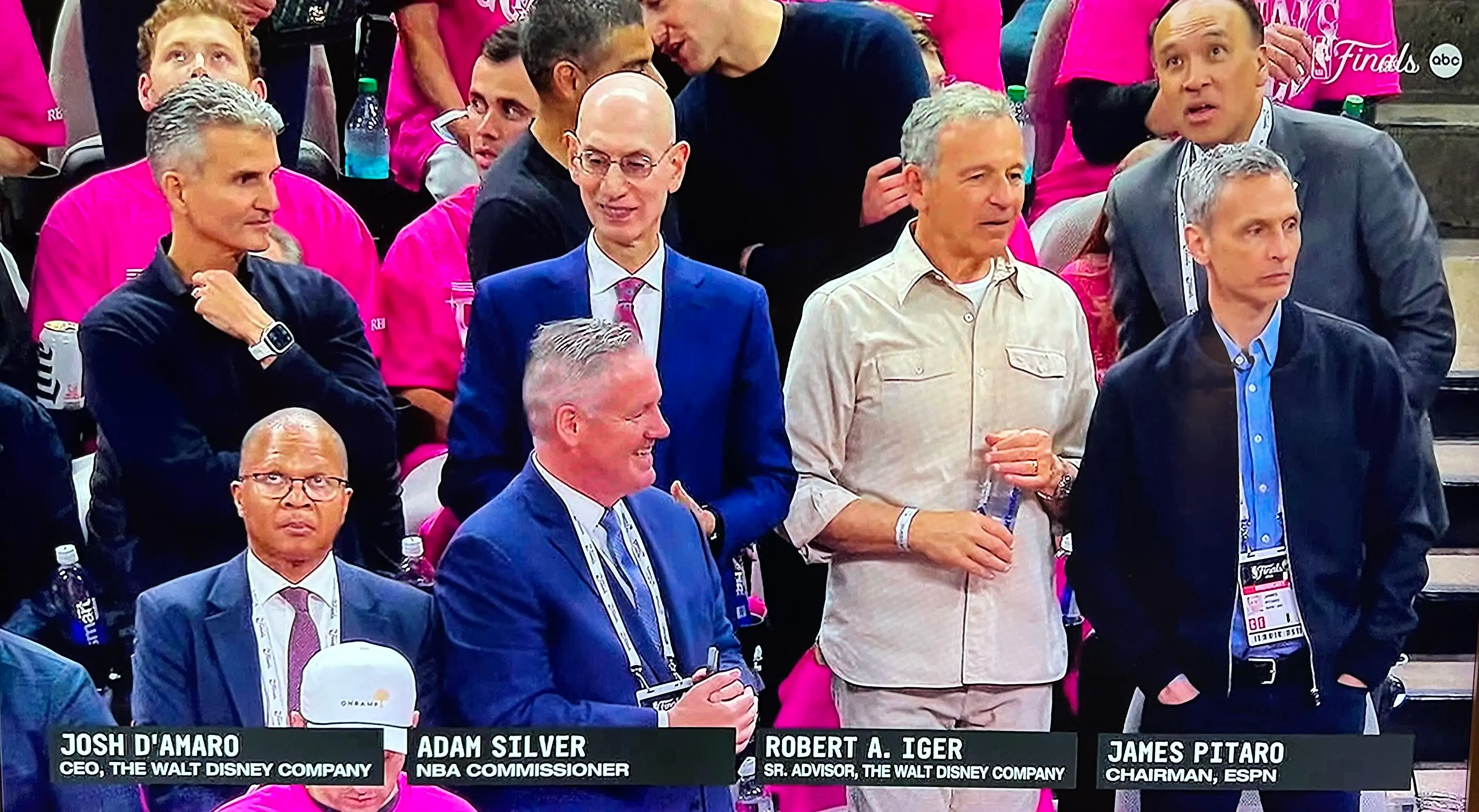 Josh D'Amaro, Adam Silver, Bob Iger, and James Pitaro at the NBA Finals Game 1.