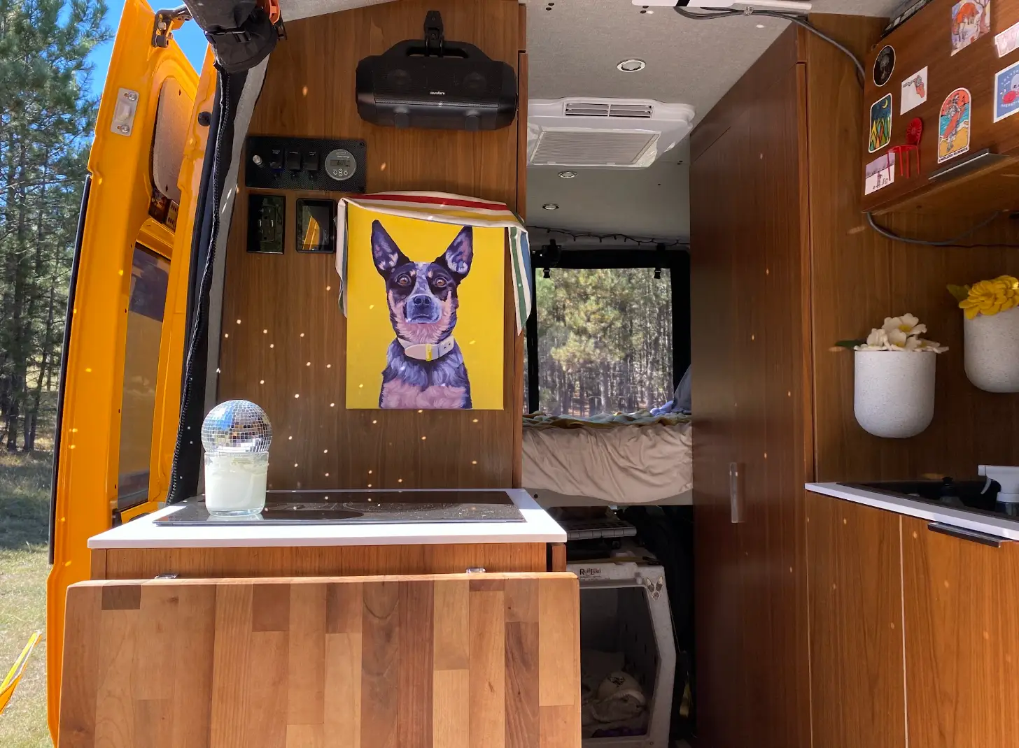 A shot of the interior of the van, featuring flowers and a portrait of the writer's dog.
