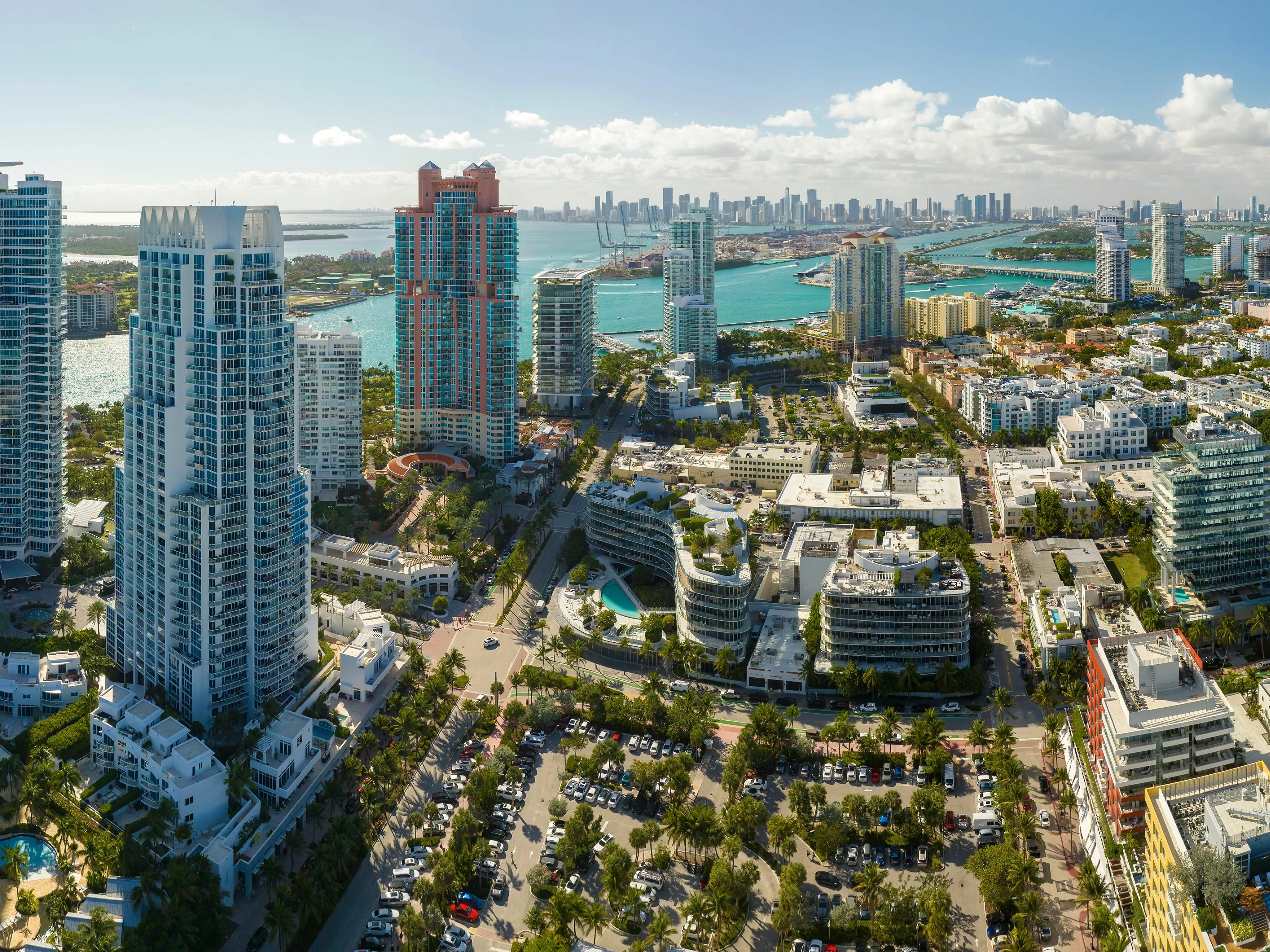 Aerial view of South Beach architecture. Miami Beach city with high luxury hotels and condos. Tourist infrastructure in southern Florida, USA