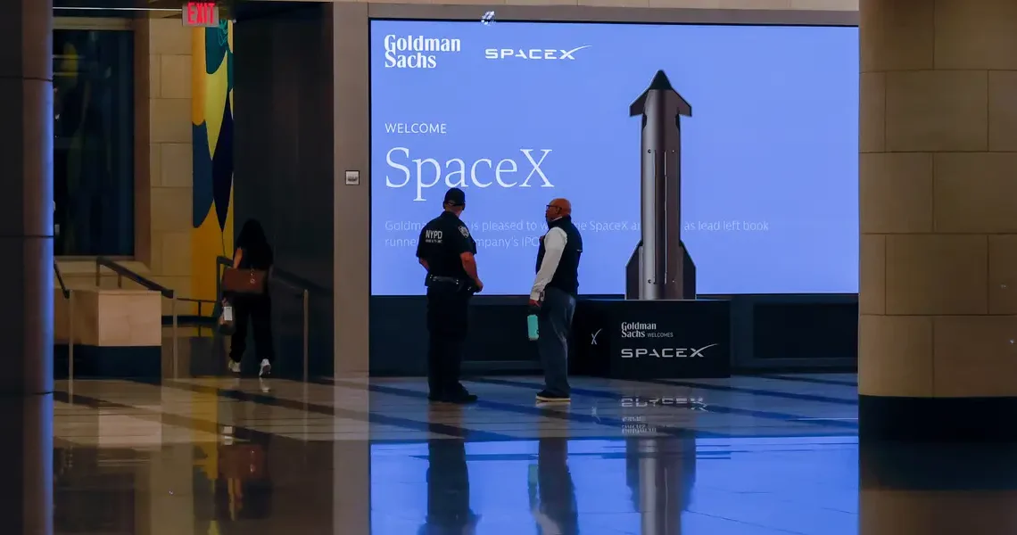 Photos show the lobbies of Goldman Sachs and Morgan Stanley decked out in SpaceX gear ahead of IPO