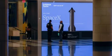 Photos show the lobbies of Goldman Sachs and Morgan Stanley decked out in SpaceX gear ahead of IPO