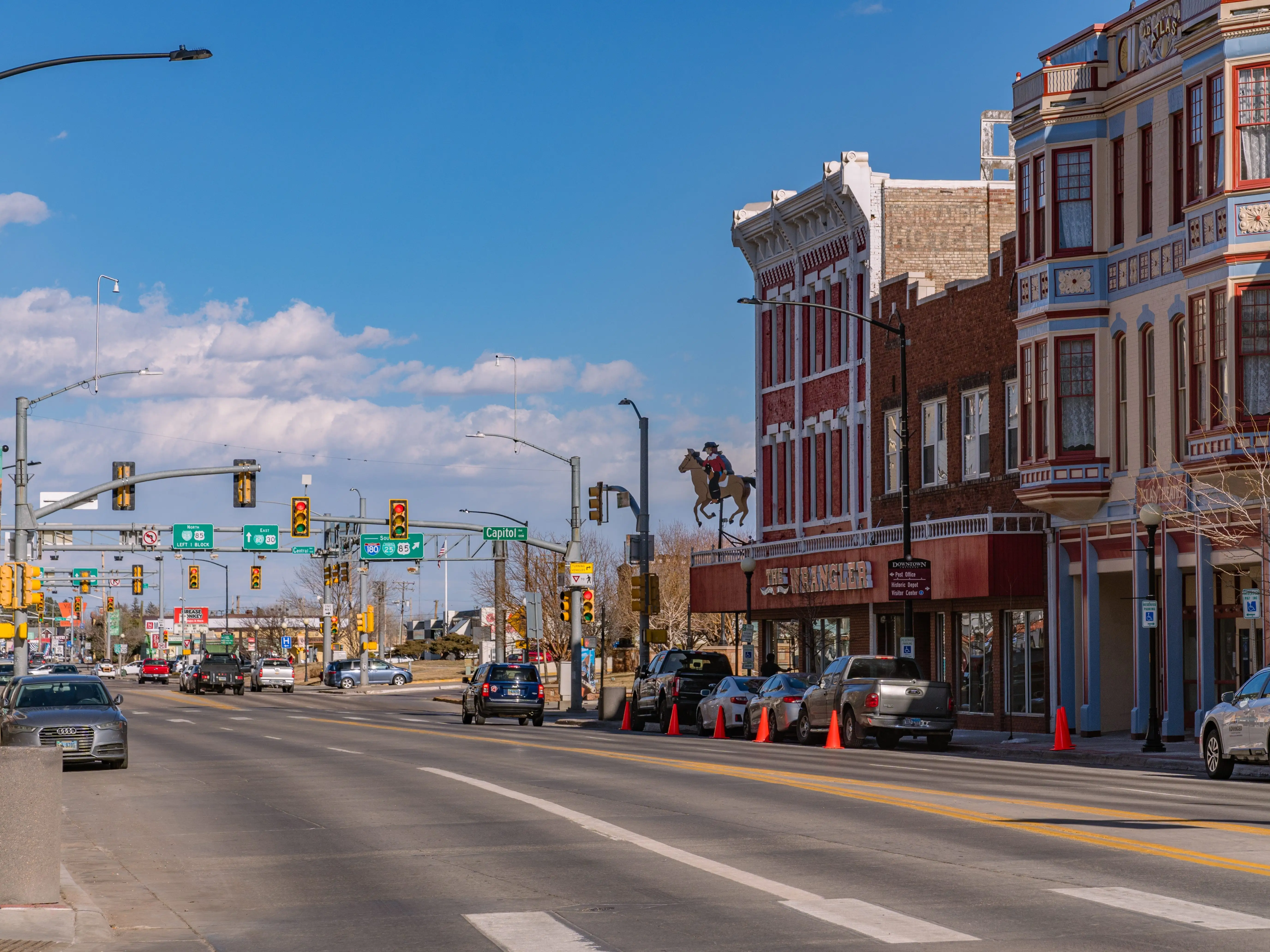 Cheyenne, WY, US-March 1, 2024: Historic downtown district of the state capital city with brick buildings dating to the 1800s.