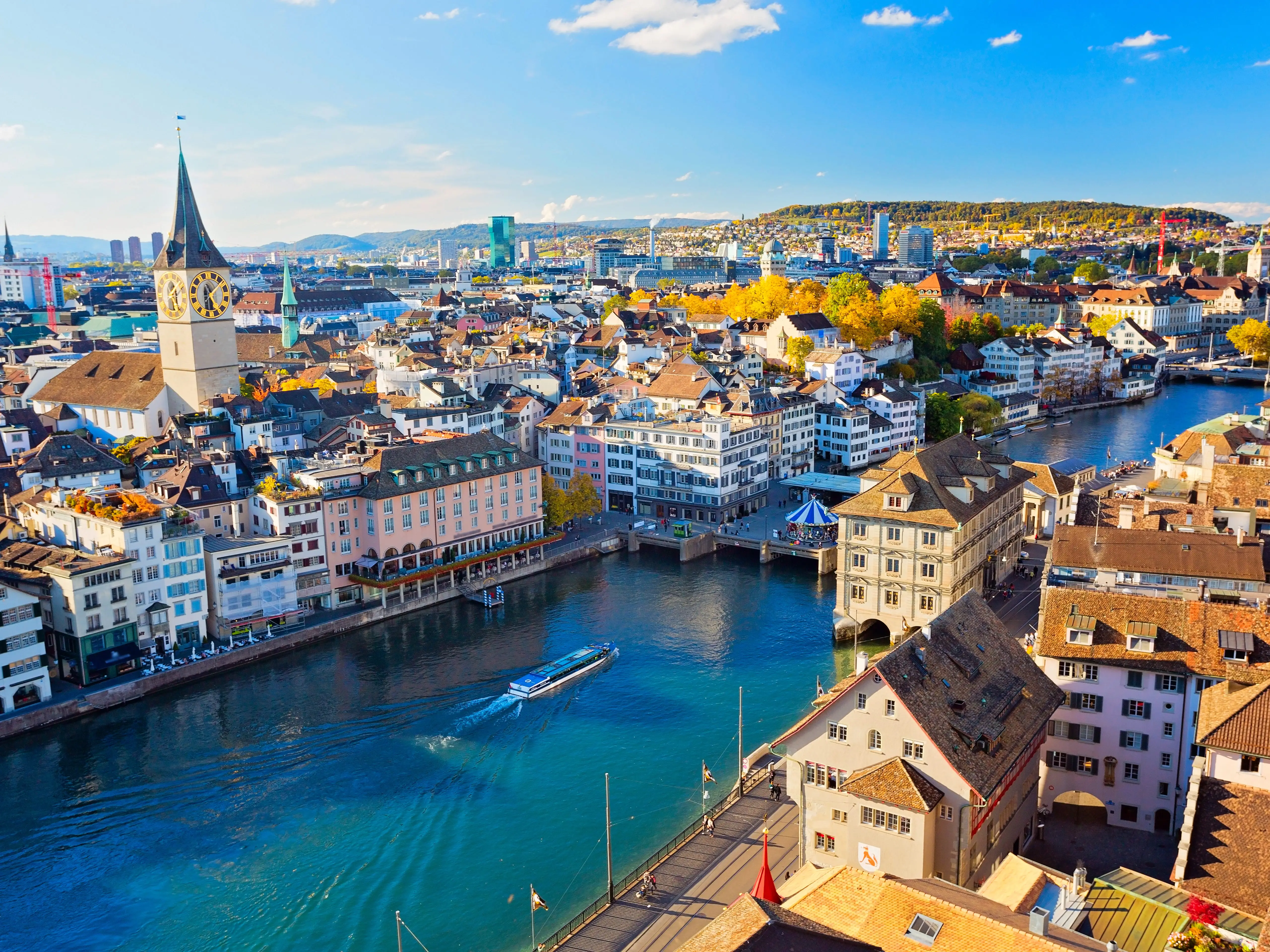Boat on a river going through Zurich, Switzerland.