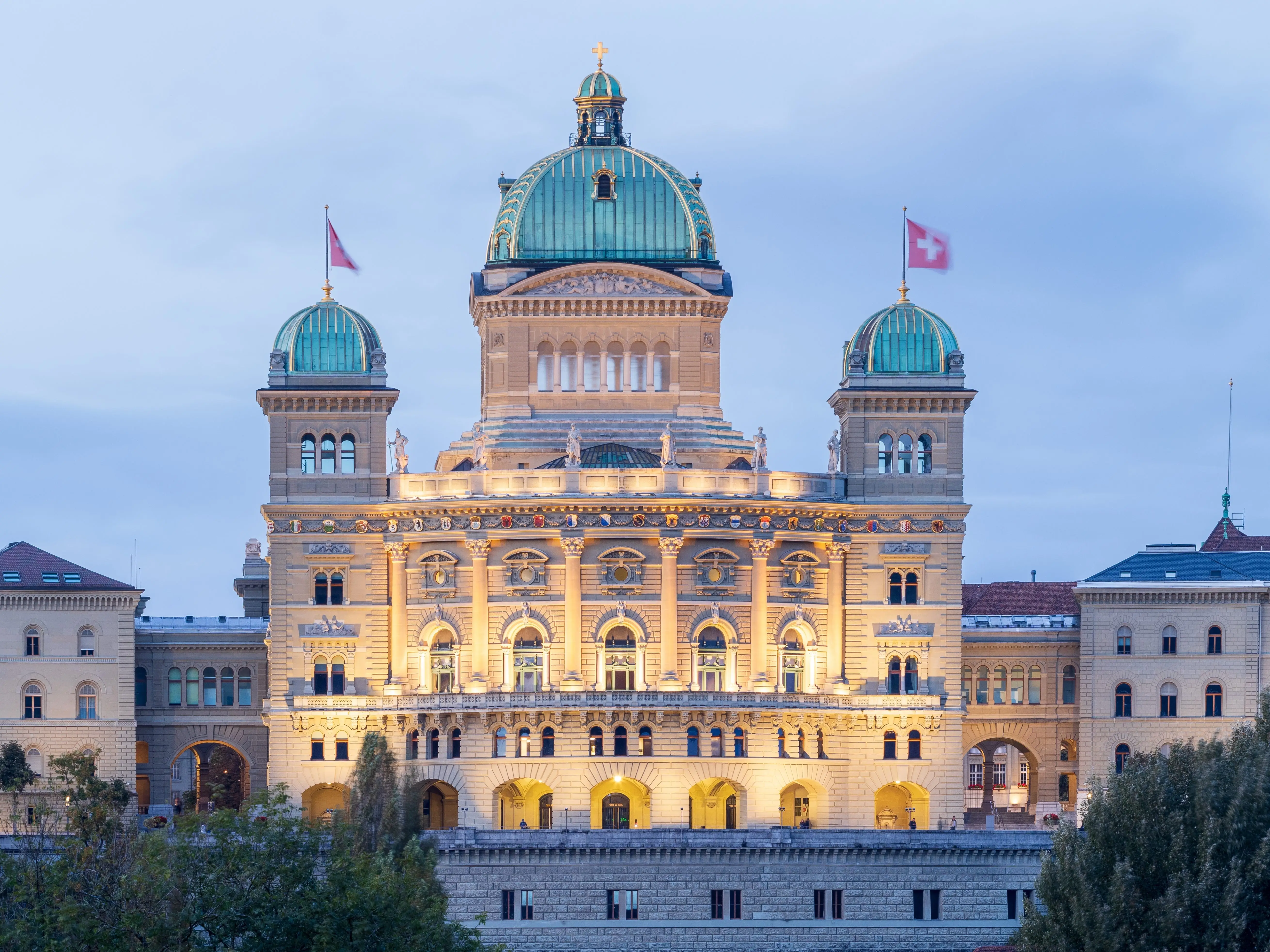 Swiss Federal Palace with national flags flying