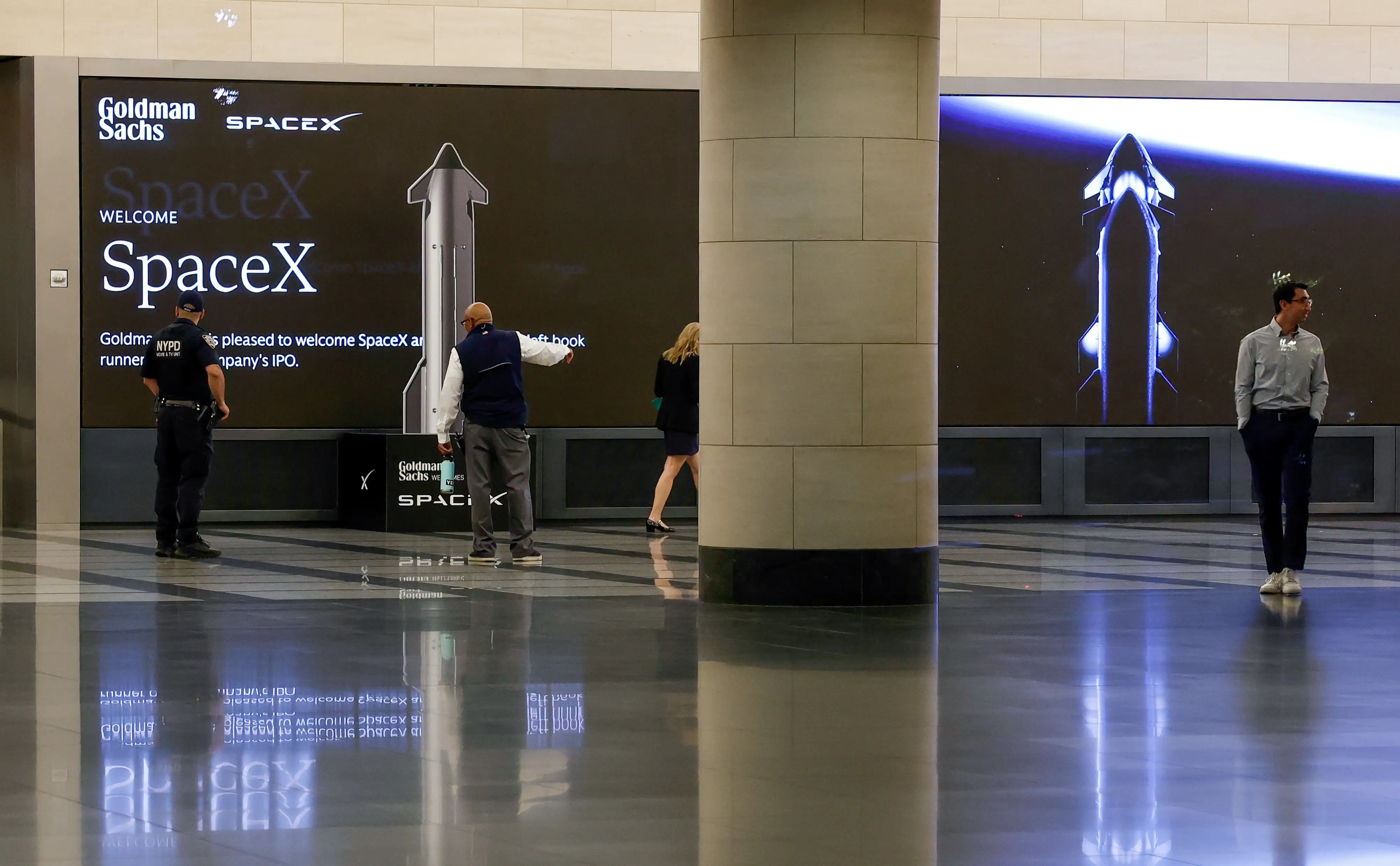 The lobby of Goldman Sachs in New York is decked out in SpaceX imagery ahead of the company's IPO
