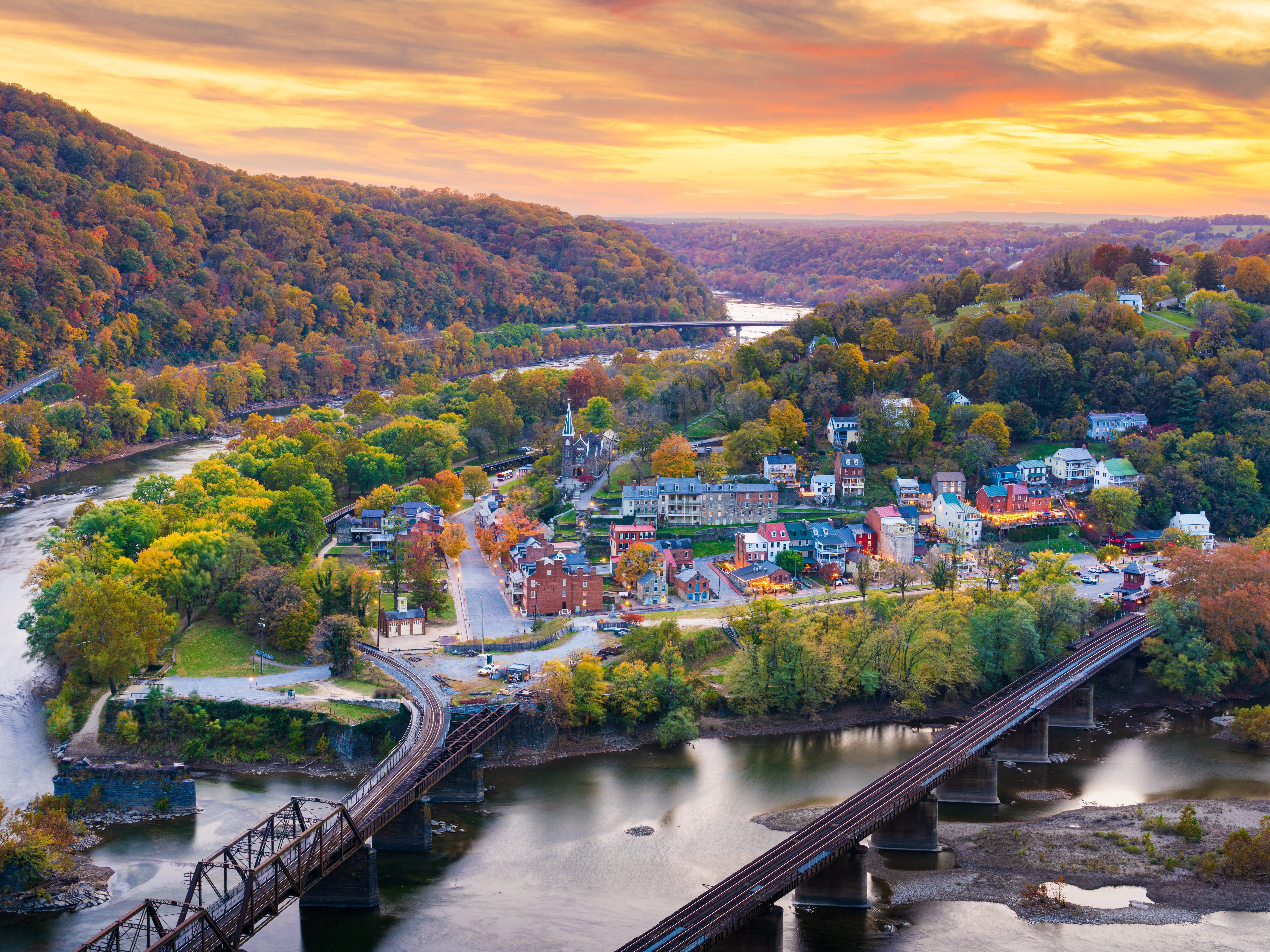 Harpers Ferry, West Virginia, USA overlooking the Shenandoah Valley in autumn at sunset.
