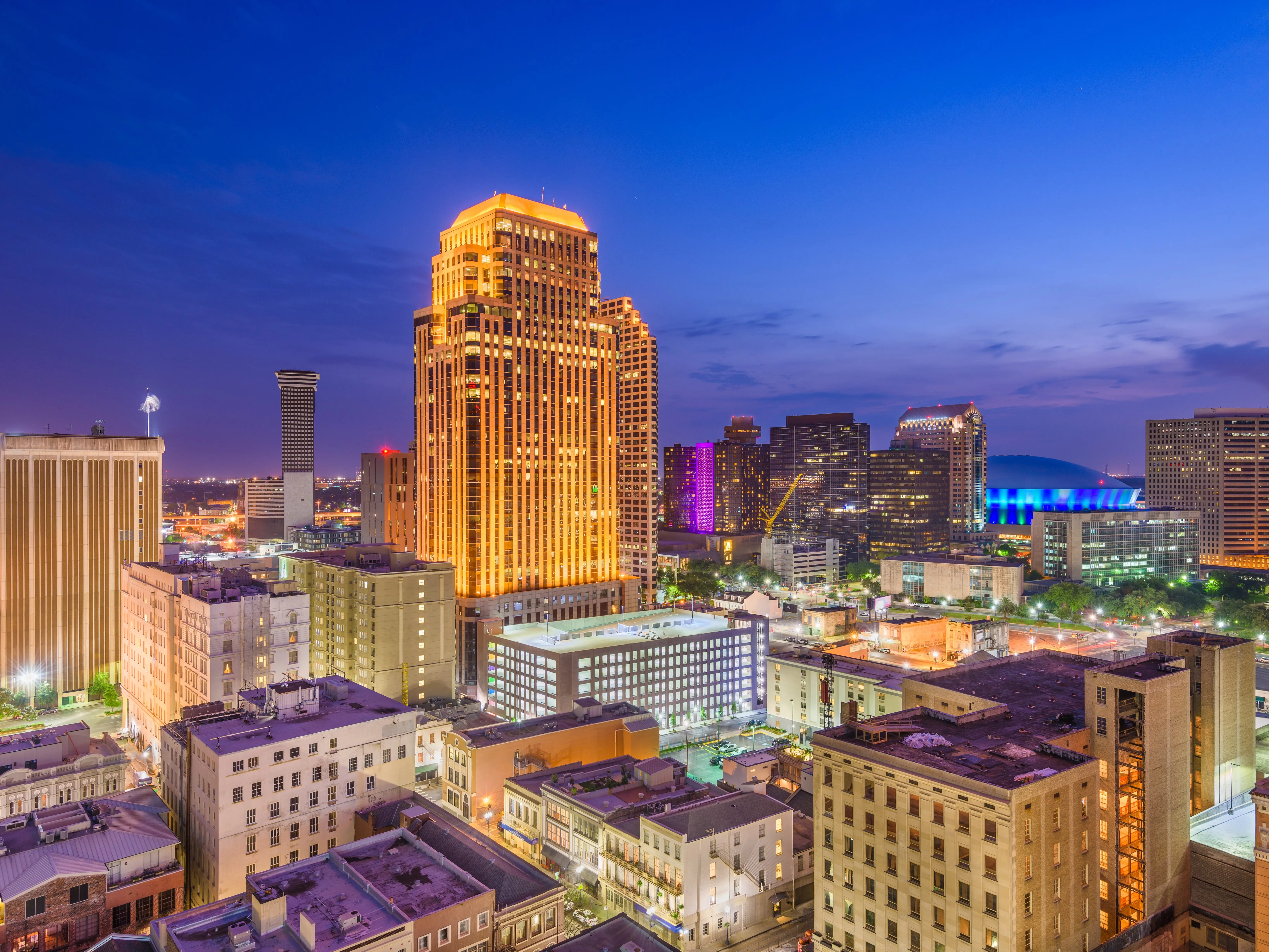 New Orleans, Louisiana, USA downtown CBD skyline at night.
