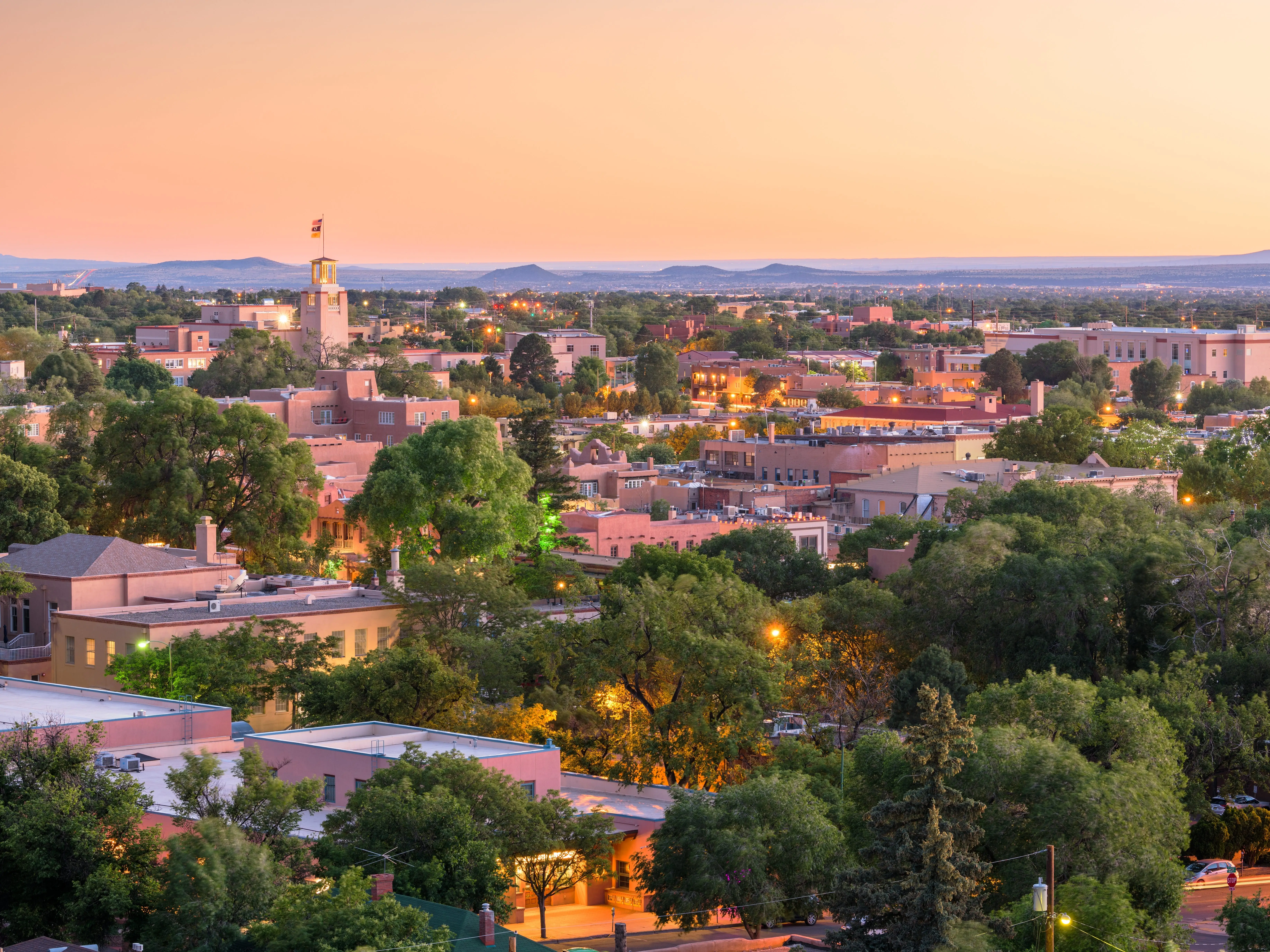 Santa Fe, New Mexico, USA downtown skyline at dusk.