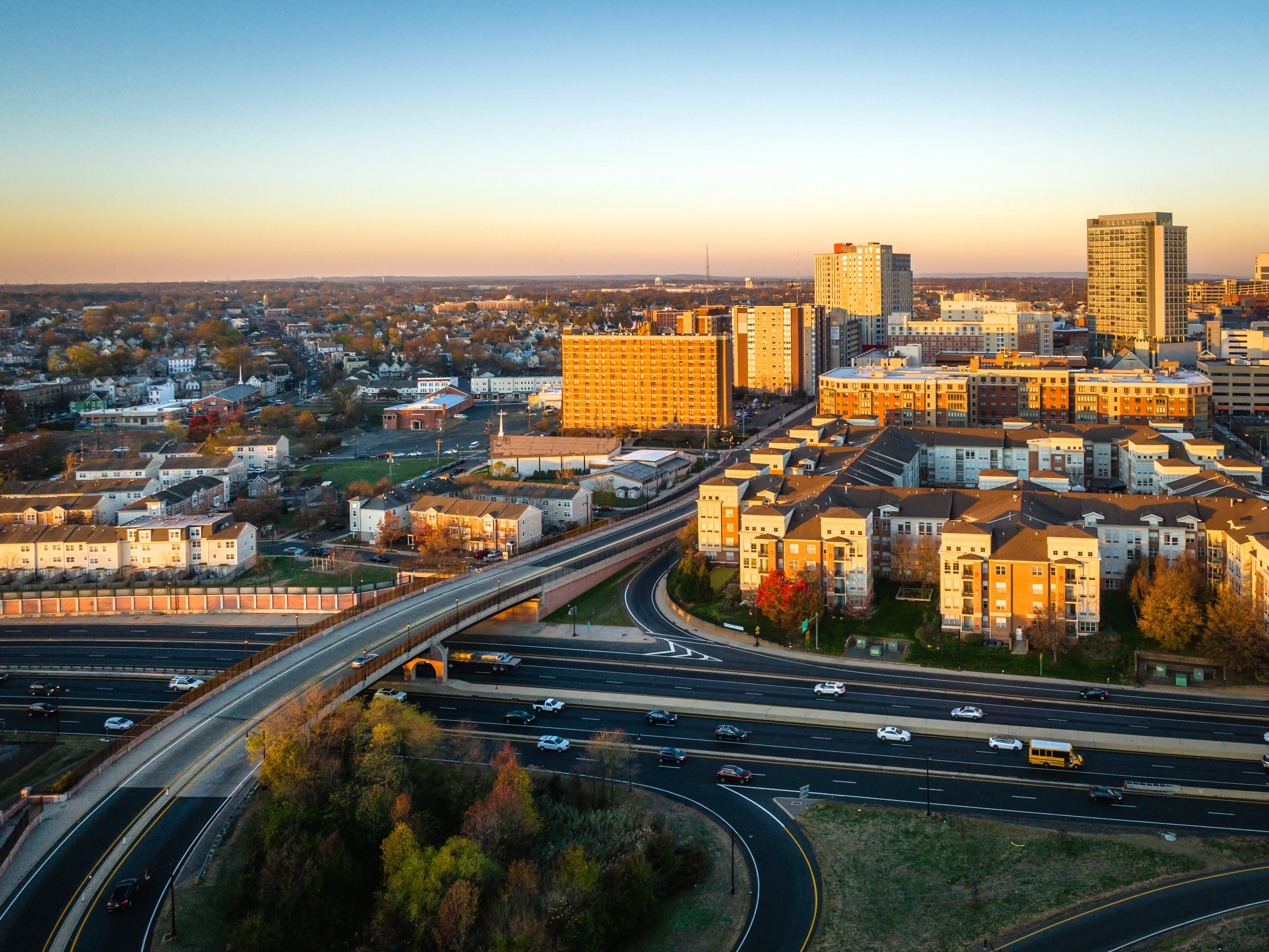 An aerial cityscape view in New Brunswick, New Jersey with Rutgers University during sunrise
