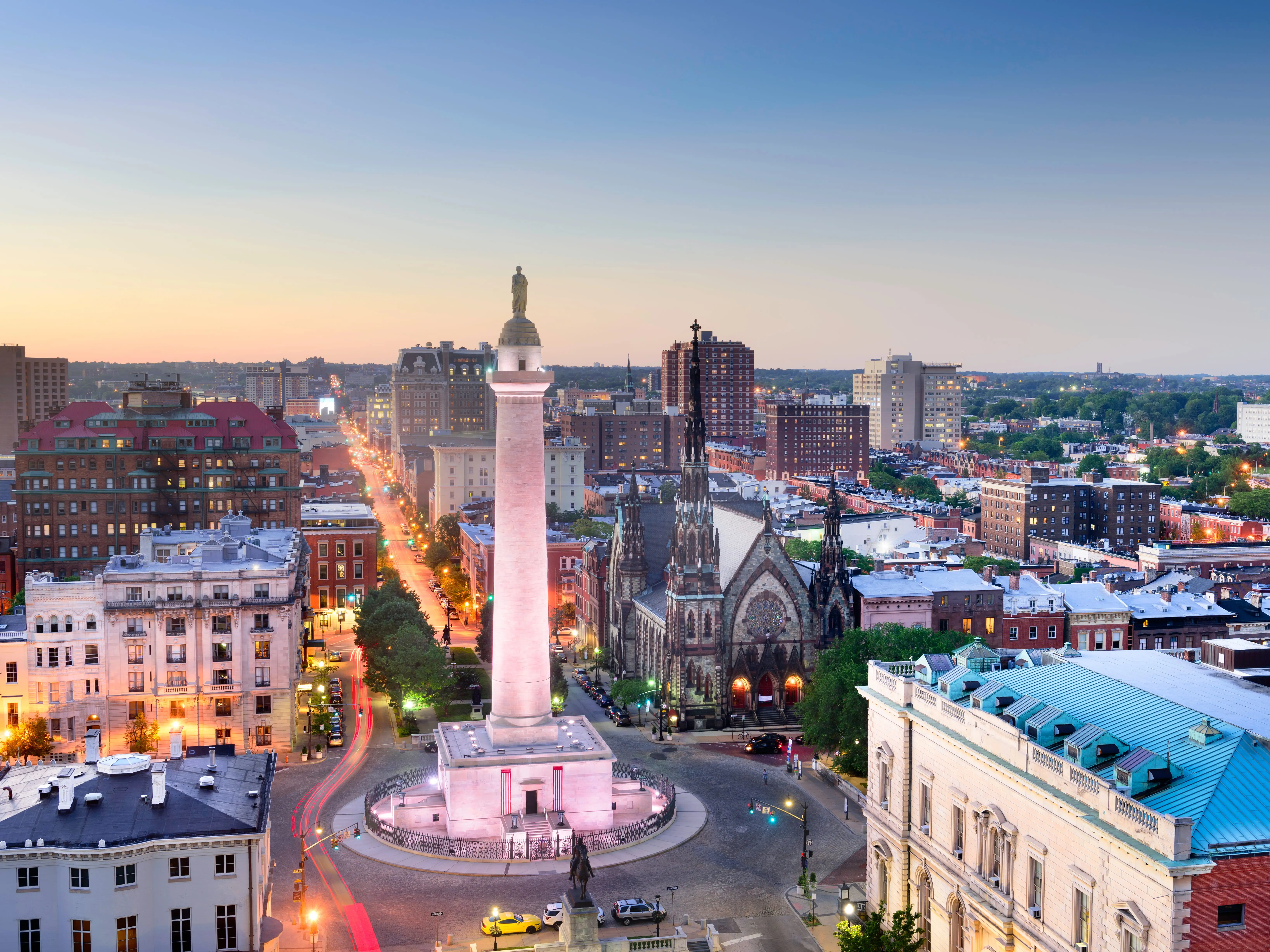 Baltimore, Maryland, USA cityscape at Mt. Vernon and the Washington Monument.