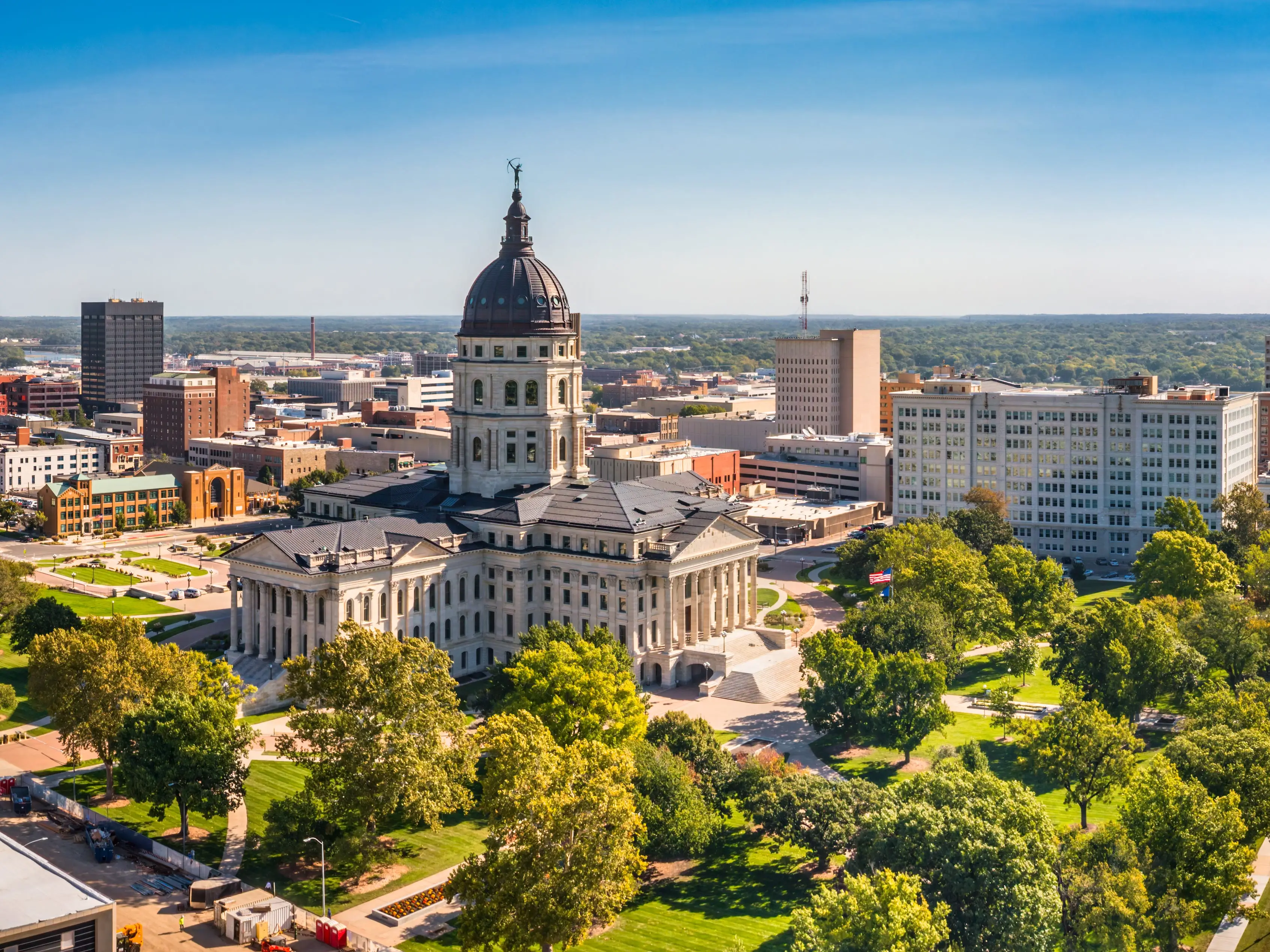 Aerial panorama of Topeka and Kansas State Capitol. Topeka is the capital city of the U.S. state of Kansas and the county seat of Shawnee County