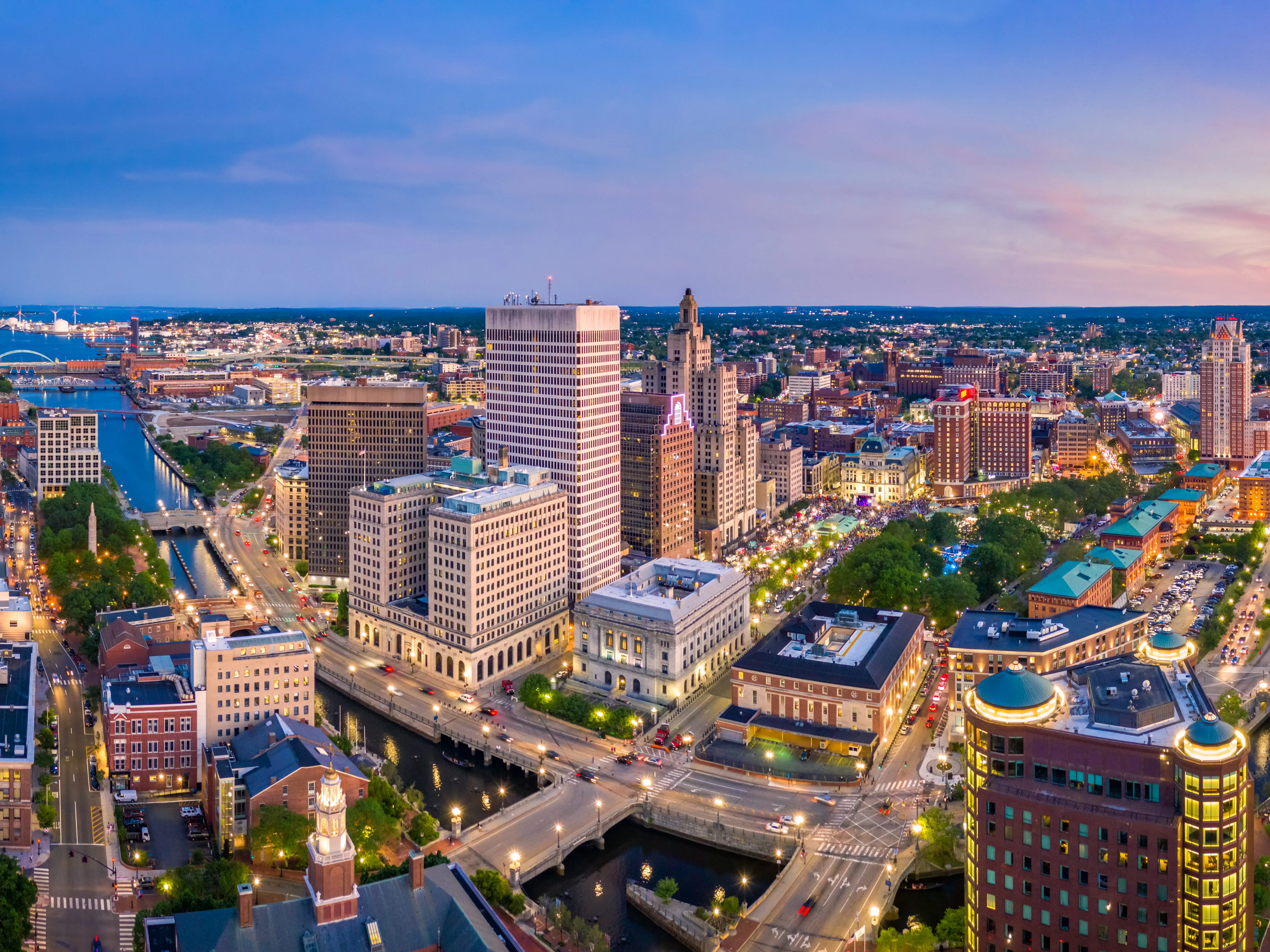 Aerial panorama of Providence skyline at dusk. Providence is the capital city of the U.S. state of Rhode Island. Founded in 1636 is one of the oldest cities in USA.