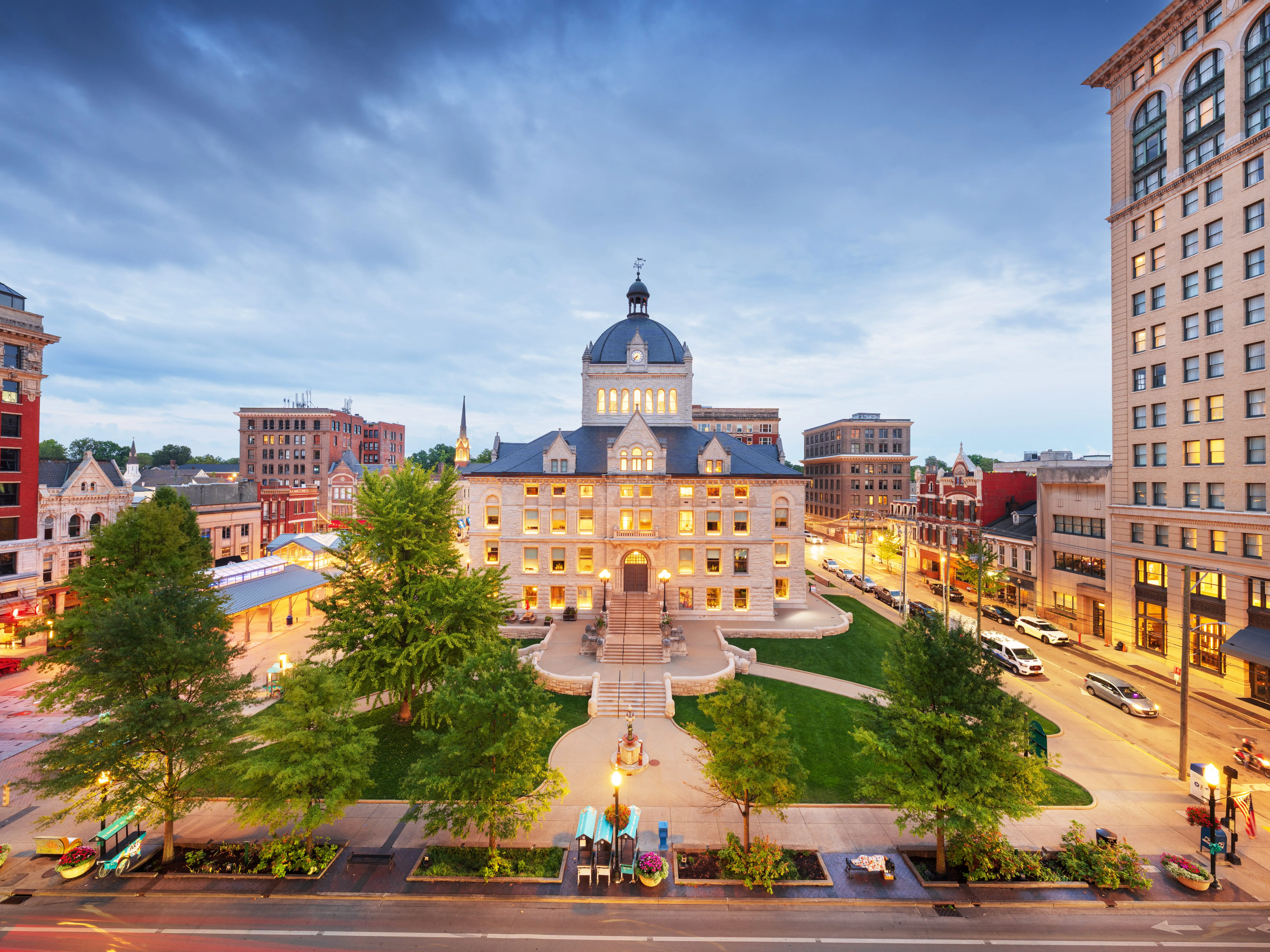 Lexington, Kentucky, USA historic downtown cityscape at blue hour.