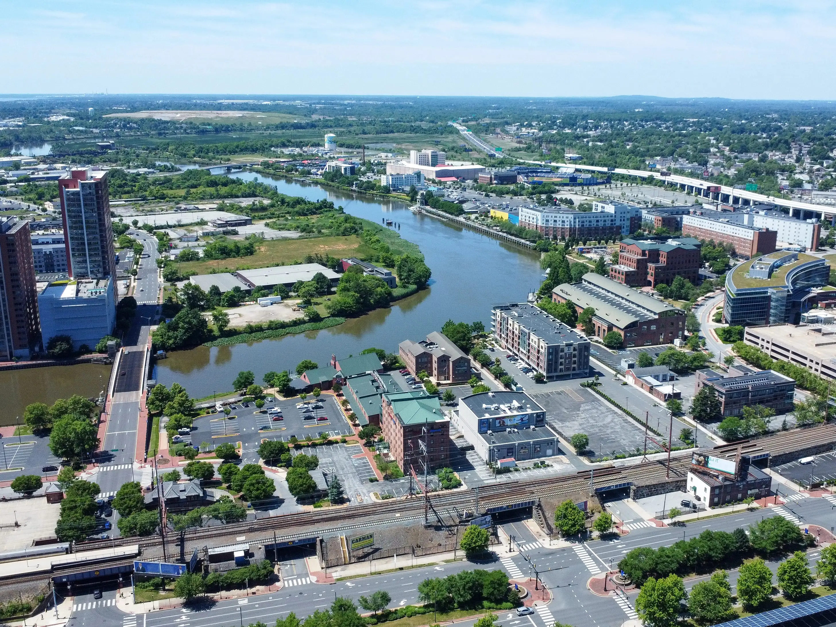 The aerial view of the Riverfront area near downtown Wilmington, Delaware