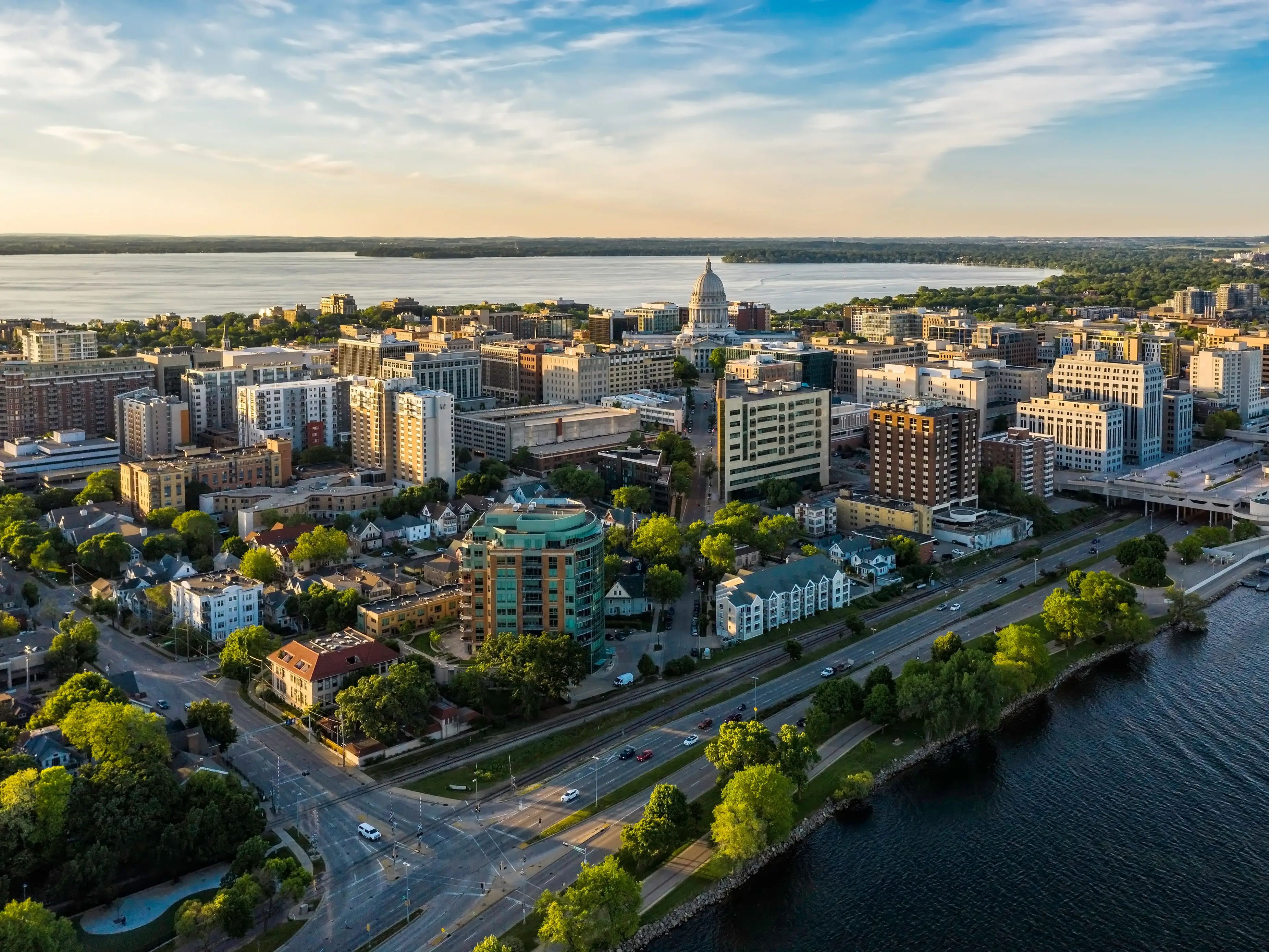 Aerial view of Madison city downtown at sunset, Wisconsin