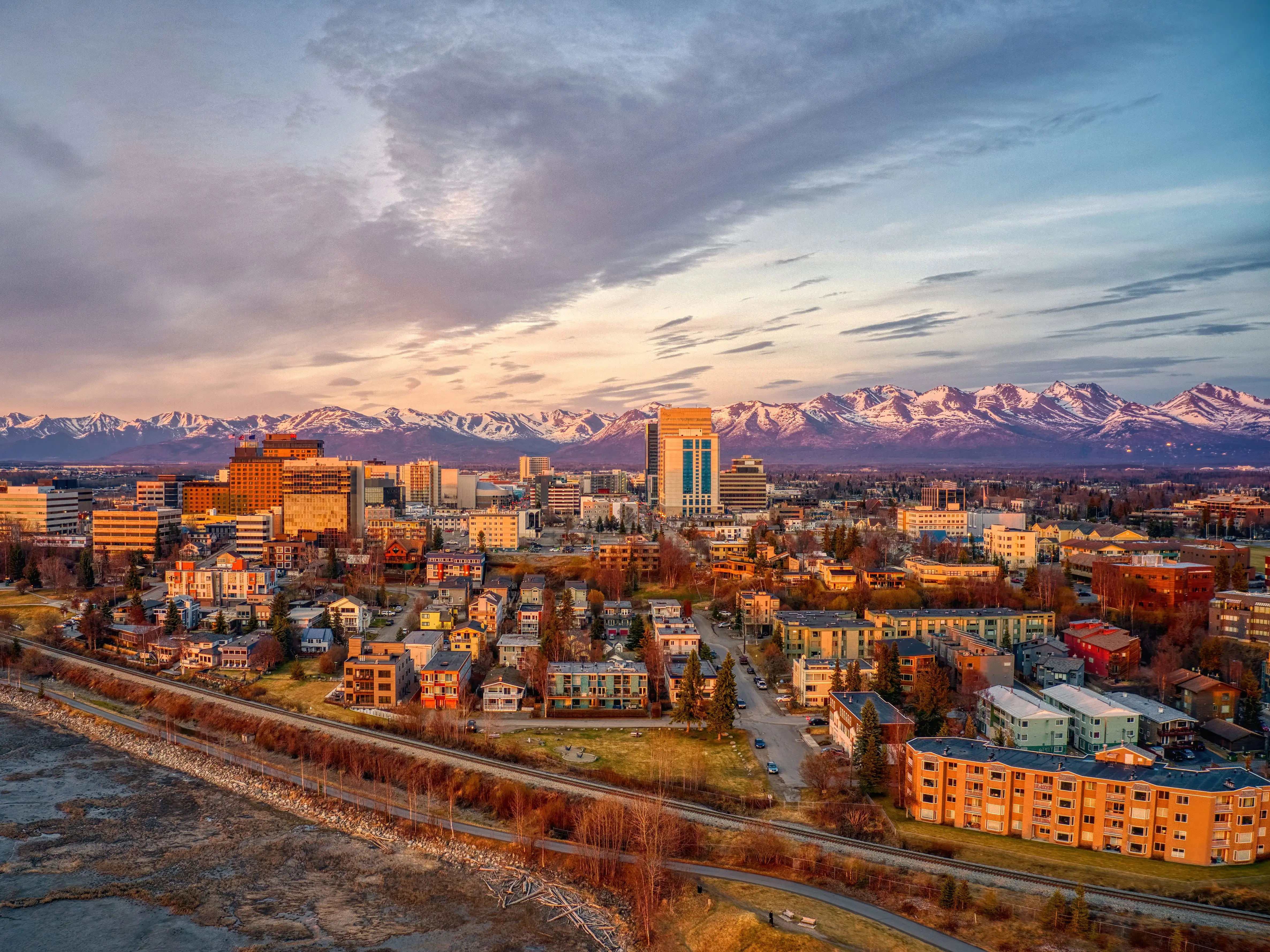 Aerial View of a Sunset over Downtown Anchorage, Alaska in Spring