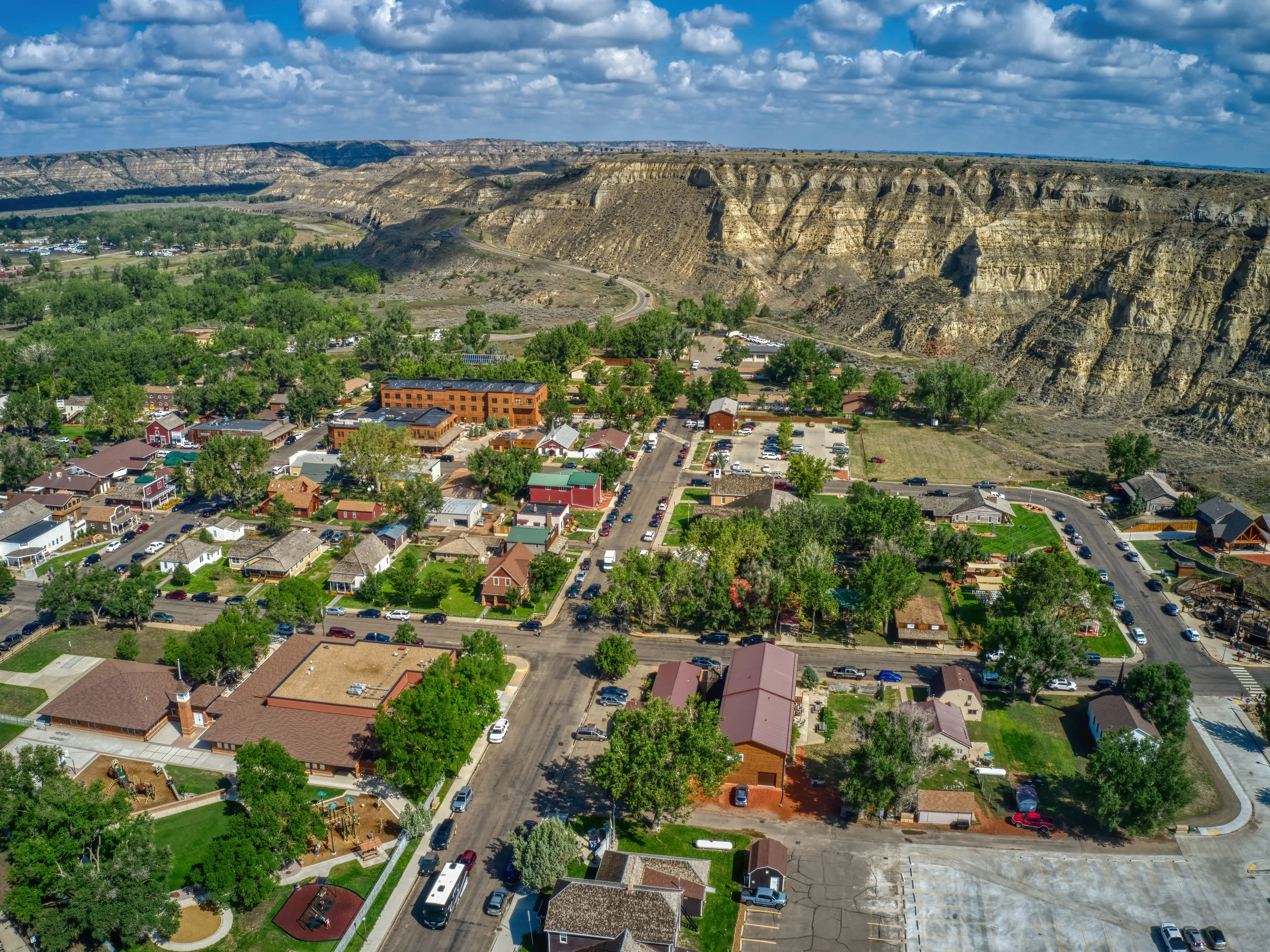 Aerial View of the Tourist Town of Medora, North Dakota outside of Theodore Roosevelt National Park