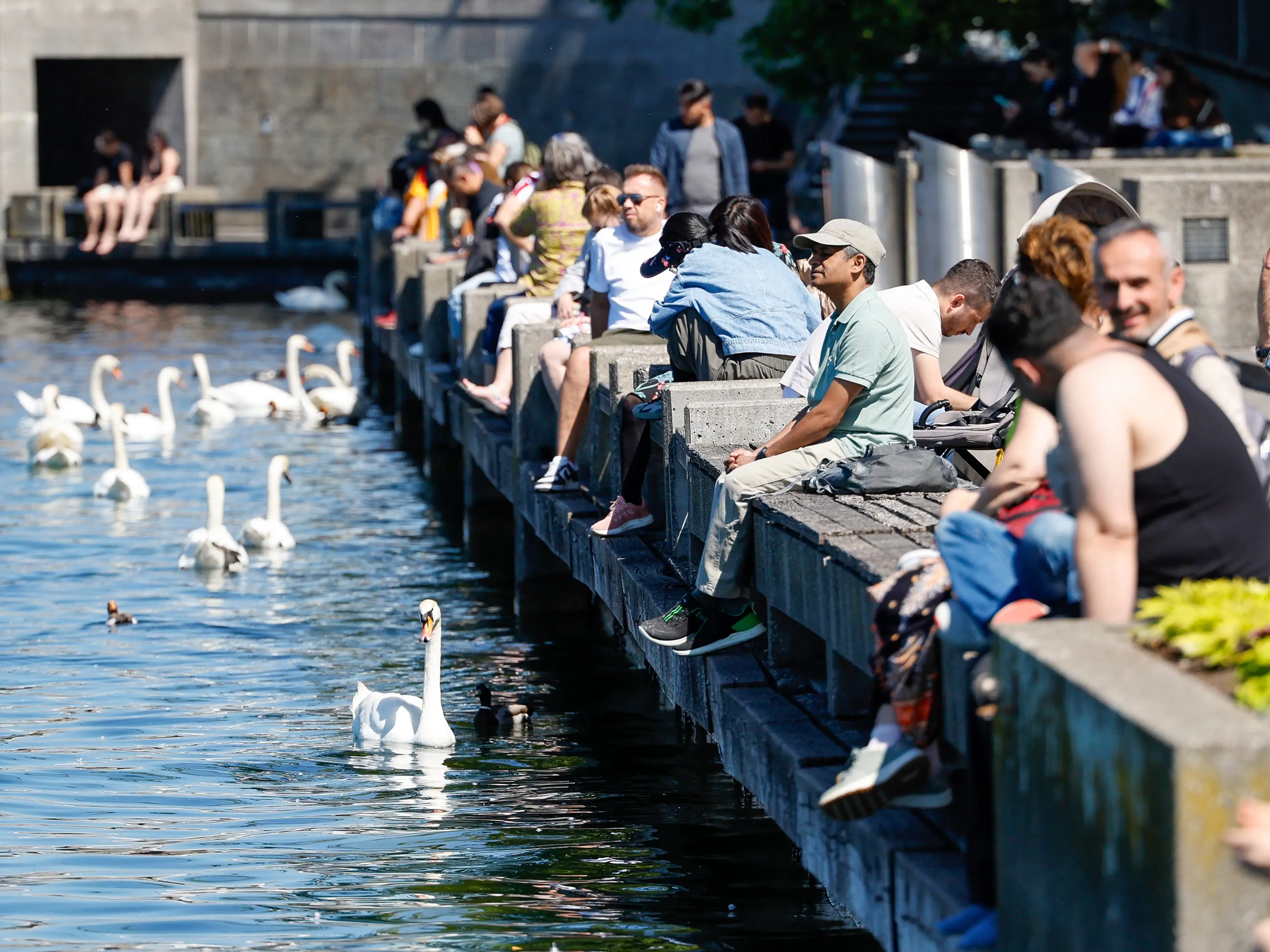 People sit on a lake in Zurich.